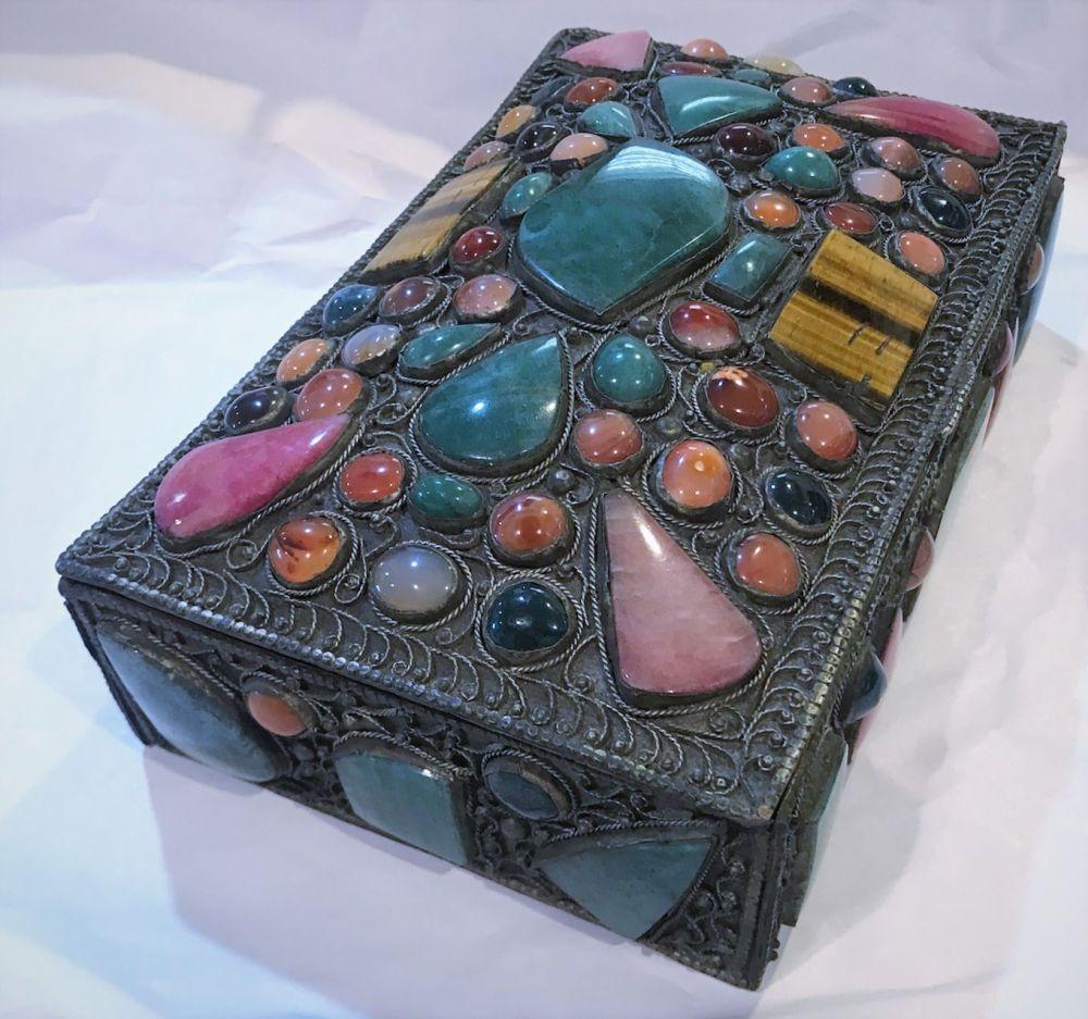 Hand-Crafted 19th Century Mixed Metals Handmade Gem Stone Jewelry Box