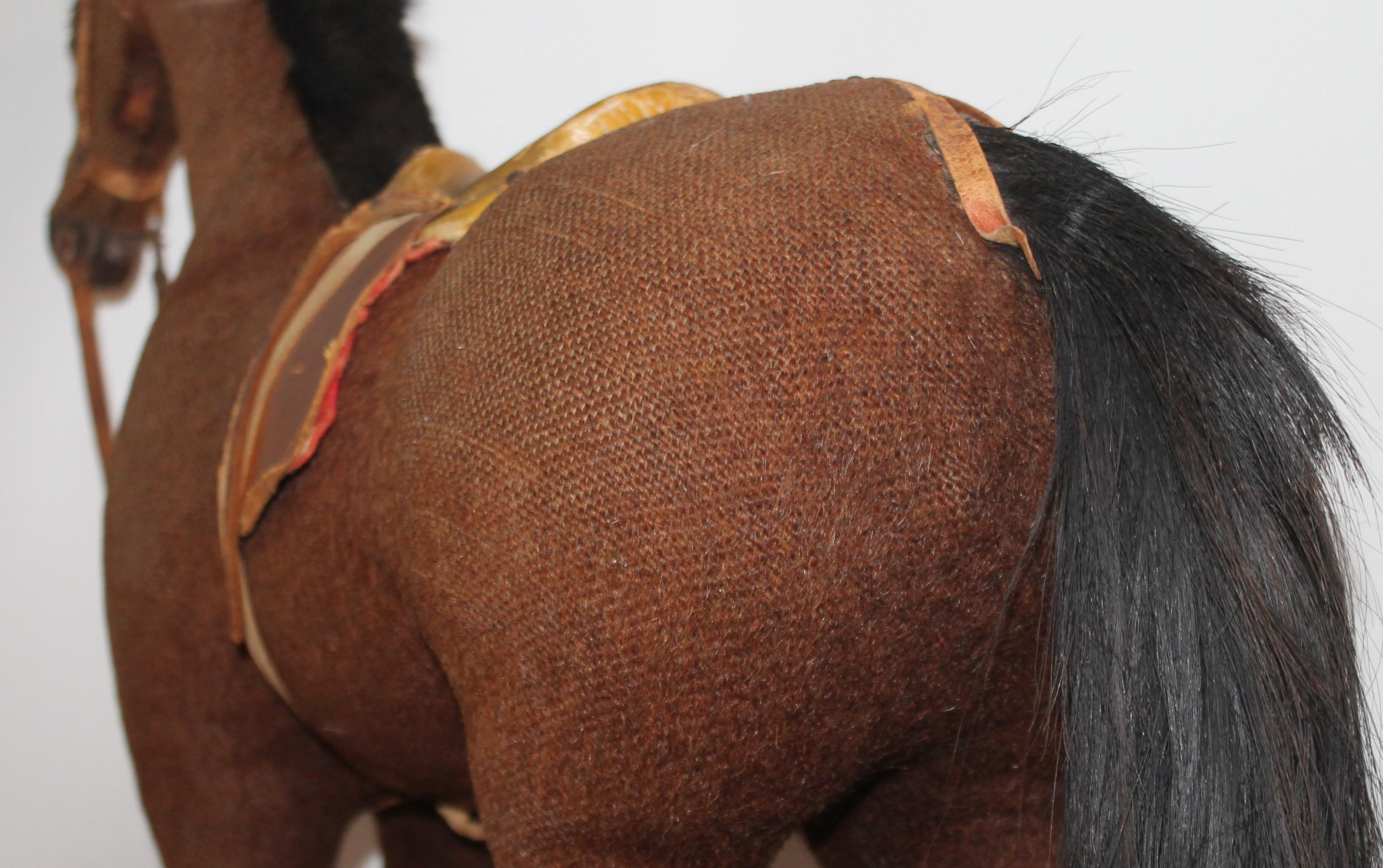 Adirondack 19th Century Mohair and Leather Horse on Wheels For Sale