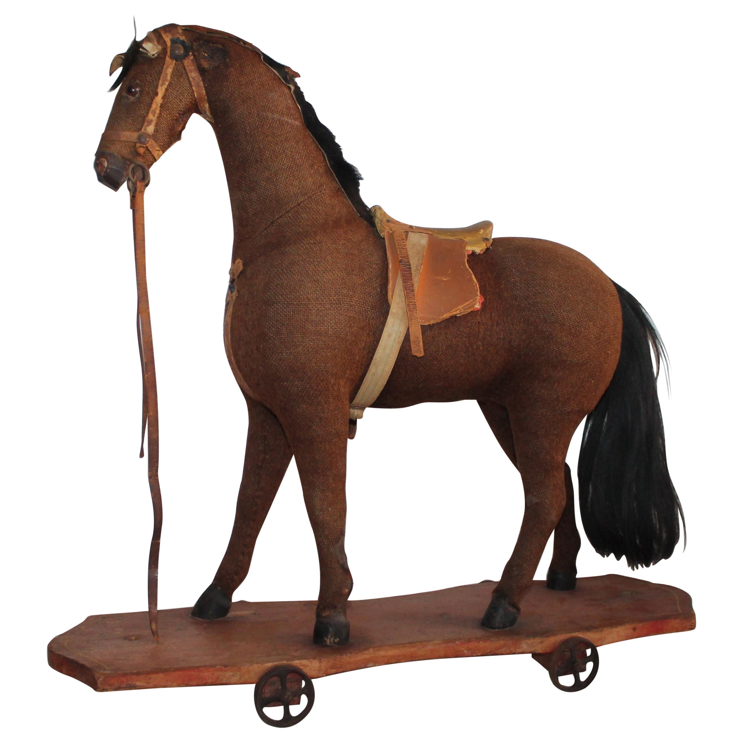 19th Century Mohair and Leather Horse on Wheels