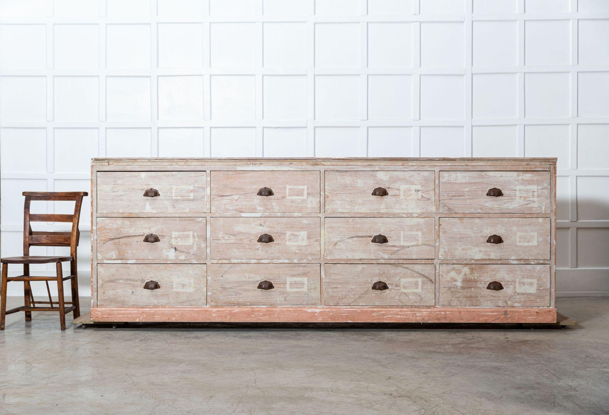 19th Century 19thC Monumental Dry Scraped French Bank of Pine Drawers For Sale