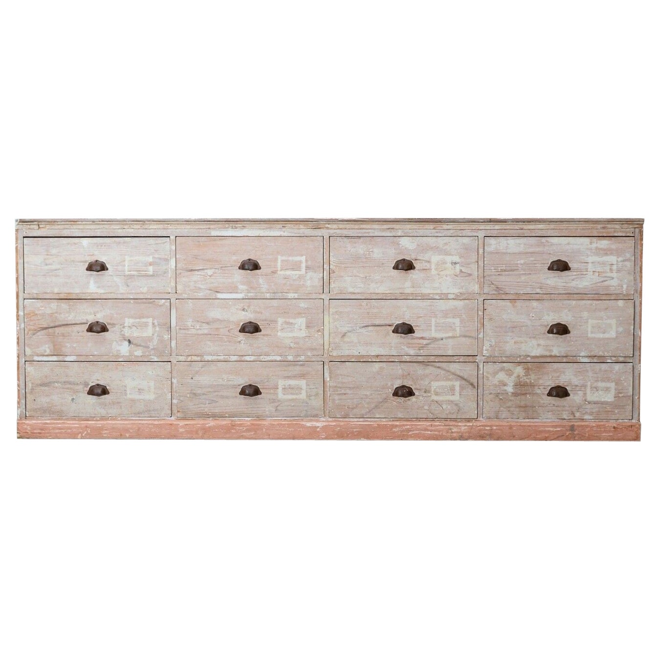 19thC Monumental Dry Scraped French Bank of Pine Drawers