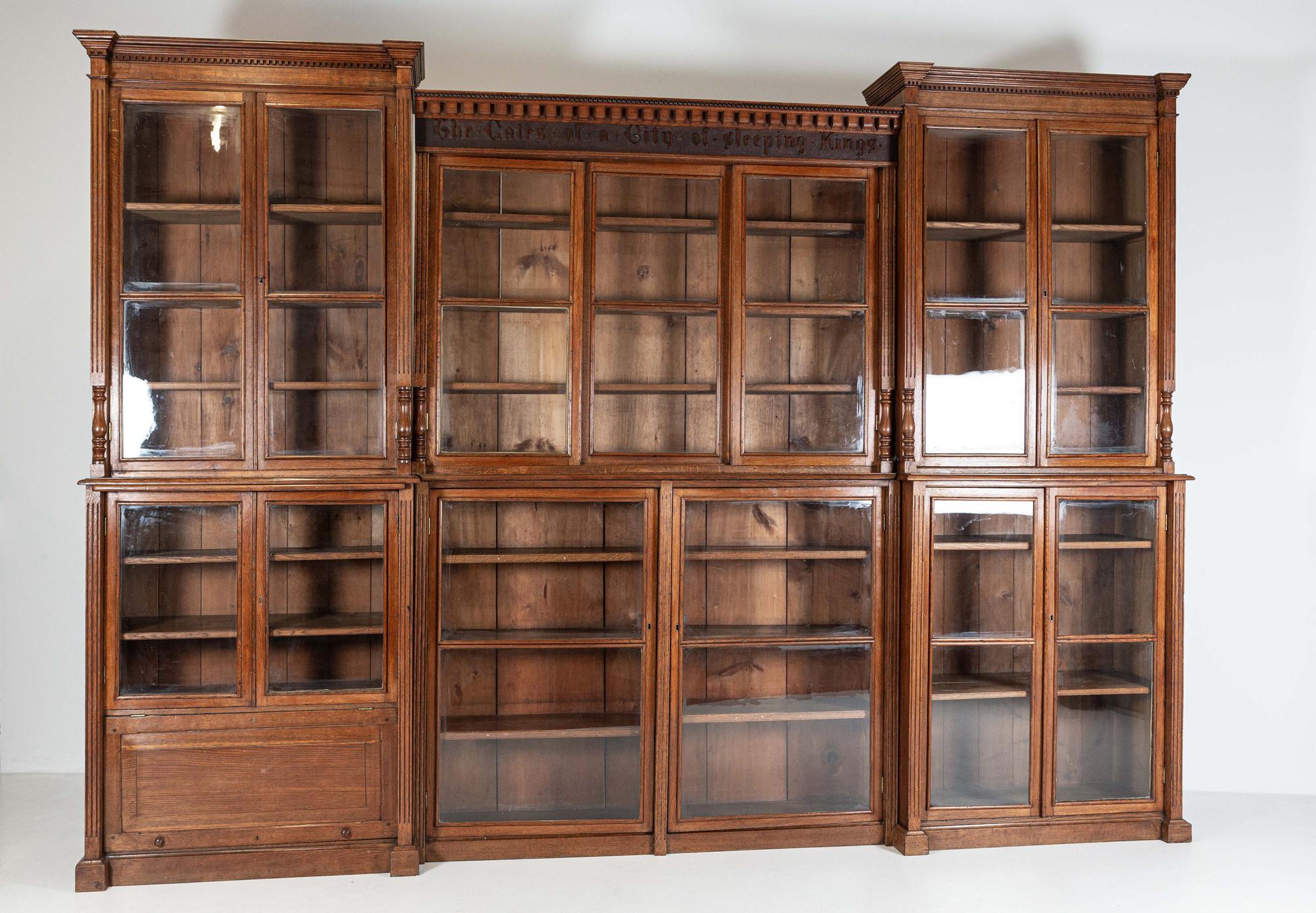 British 19thc Monumental English Architectural Glazed Oak Bookcase