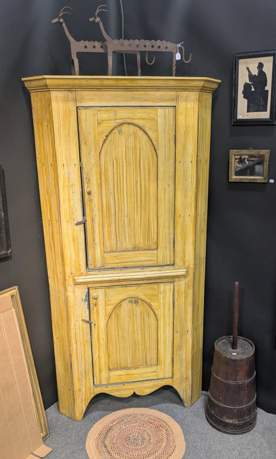 American 19thc Mustard Painted Corner Cupboard For Sale