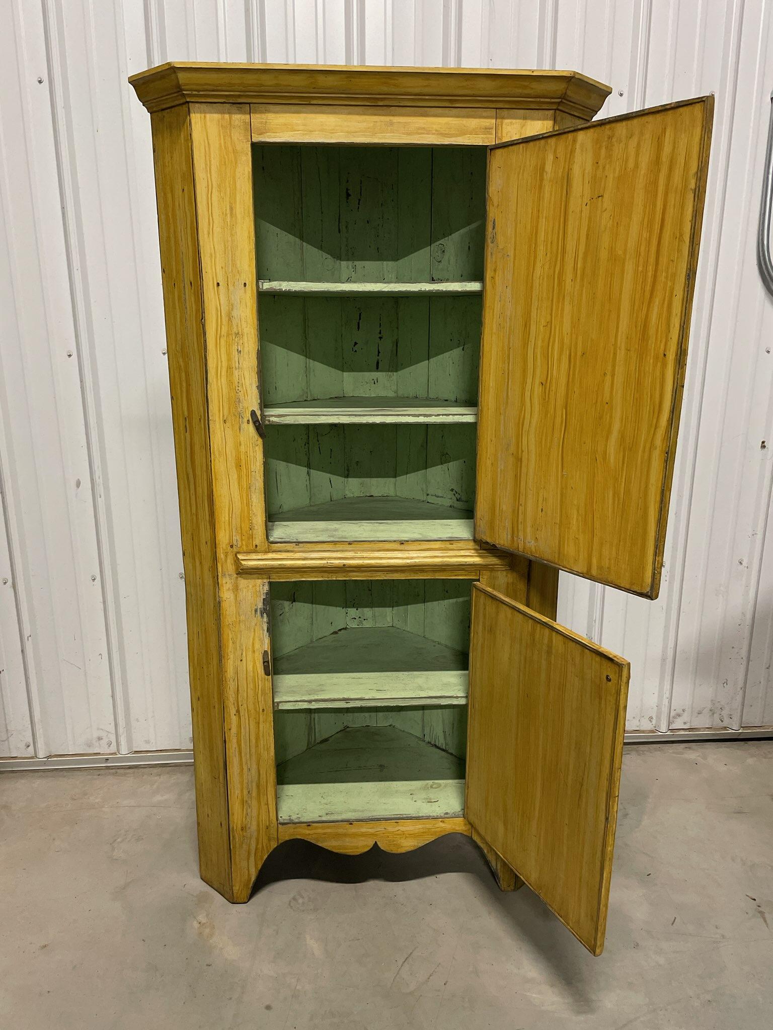 19th Century 19thc Mustard Painted Corner Cupboard For Sale