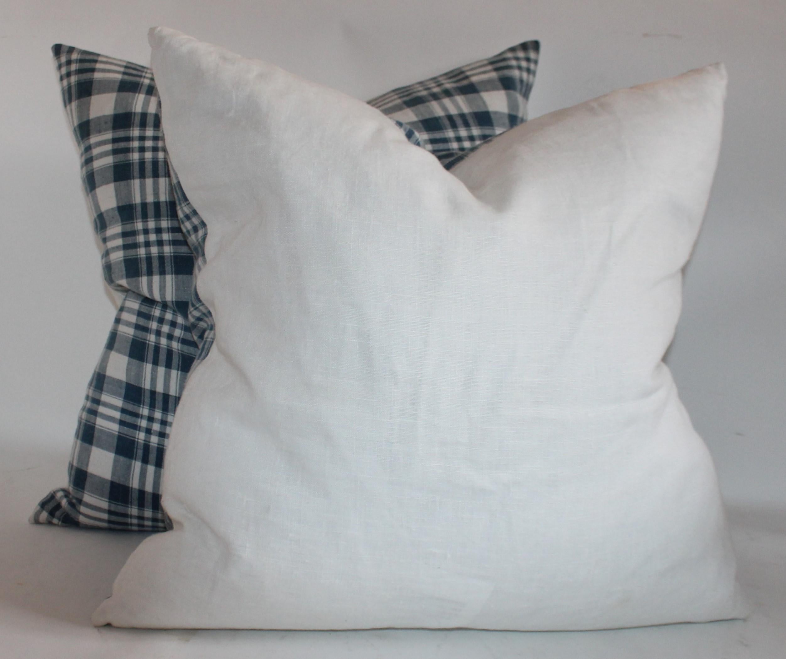 Hand-Crafted Muted Blue & White Homespun Linen Pillows, Collection of Four Pillows For Sale