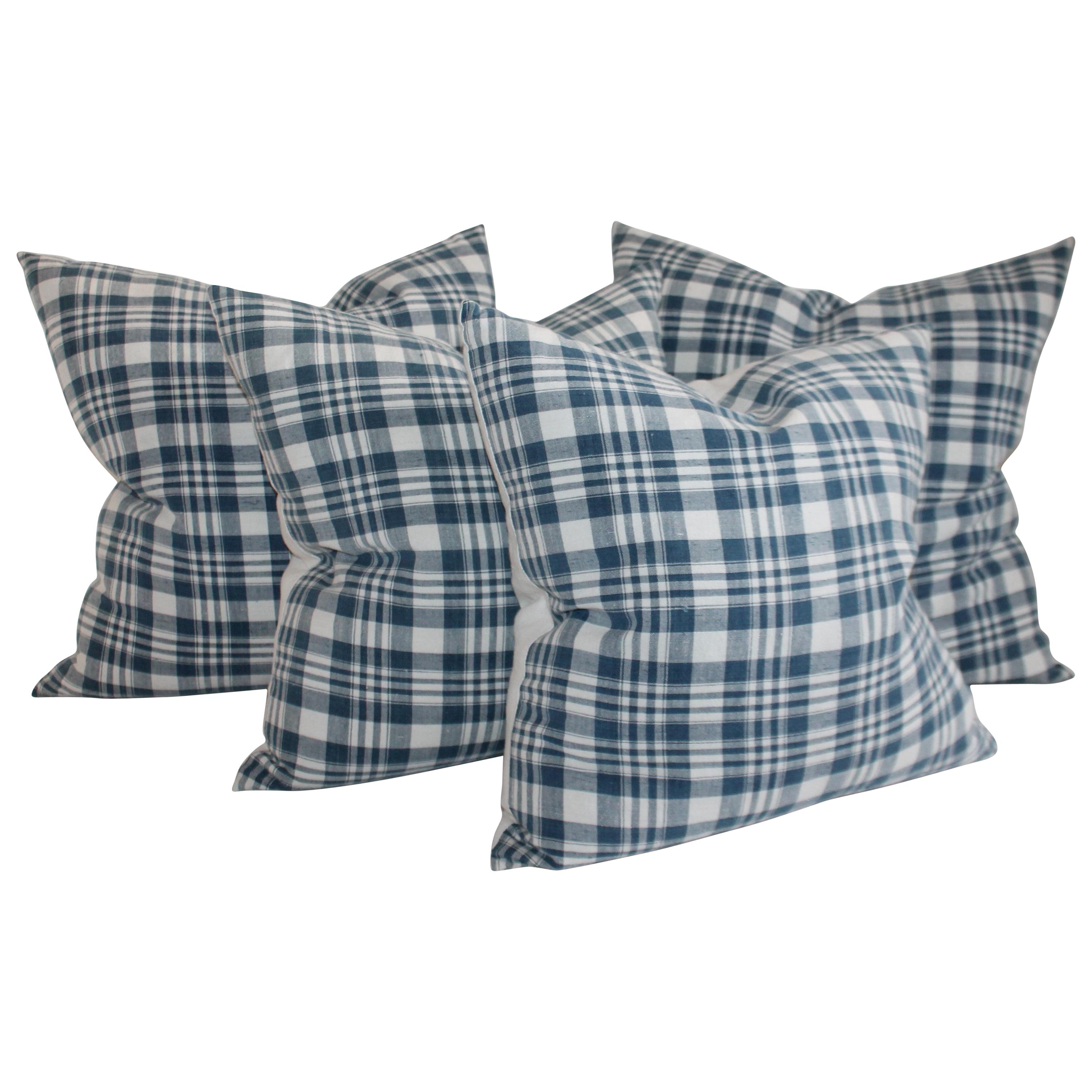 Muted Blue & White Homespun Linen Pillows, Collection of Four Pillows