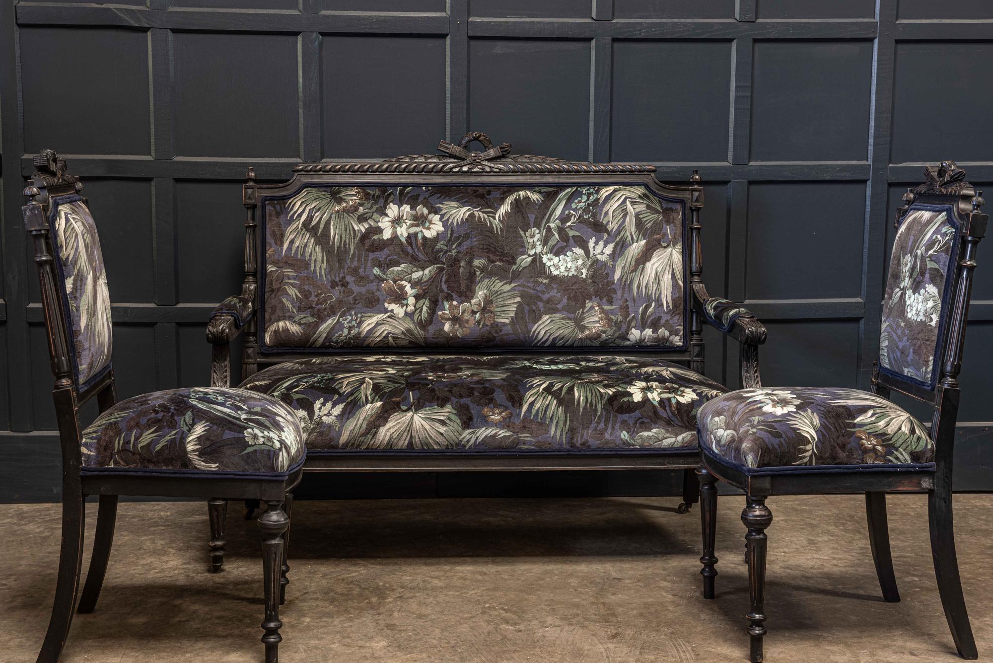19th century Napoleon III ebonized salon suite, sourced from Paris and reupholstered in 'Limerence' velvet,

circa 1860.

Measures: Sofa
H 107 x W 136 x D 55cm
Seat height 45cm

Chairs
H 99 x D 45 x W 41cm
Seat height 45cm.