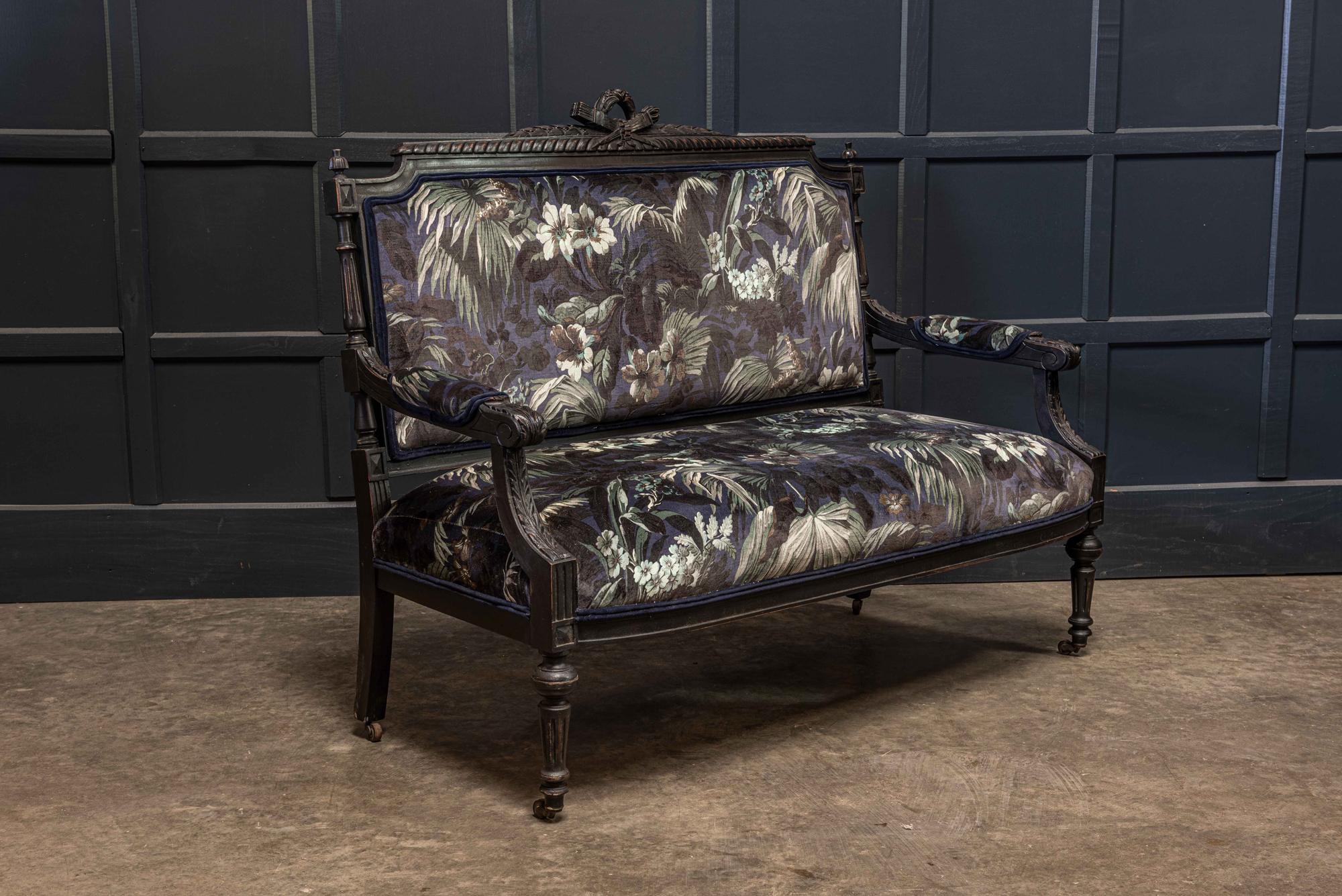 19th Century Napoleon III Ebonized Salon Suite Reupholstered  In Good Condition For Sale In Staffordshire, GB