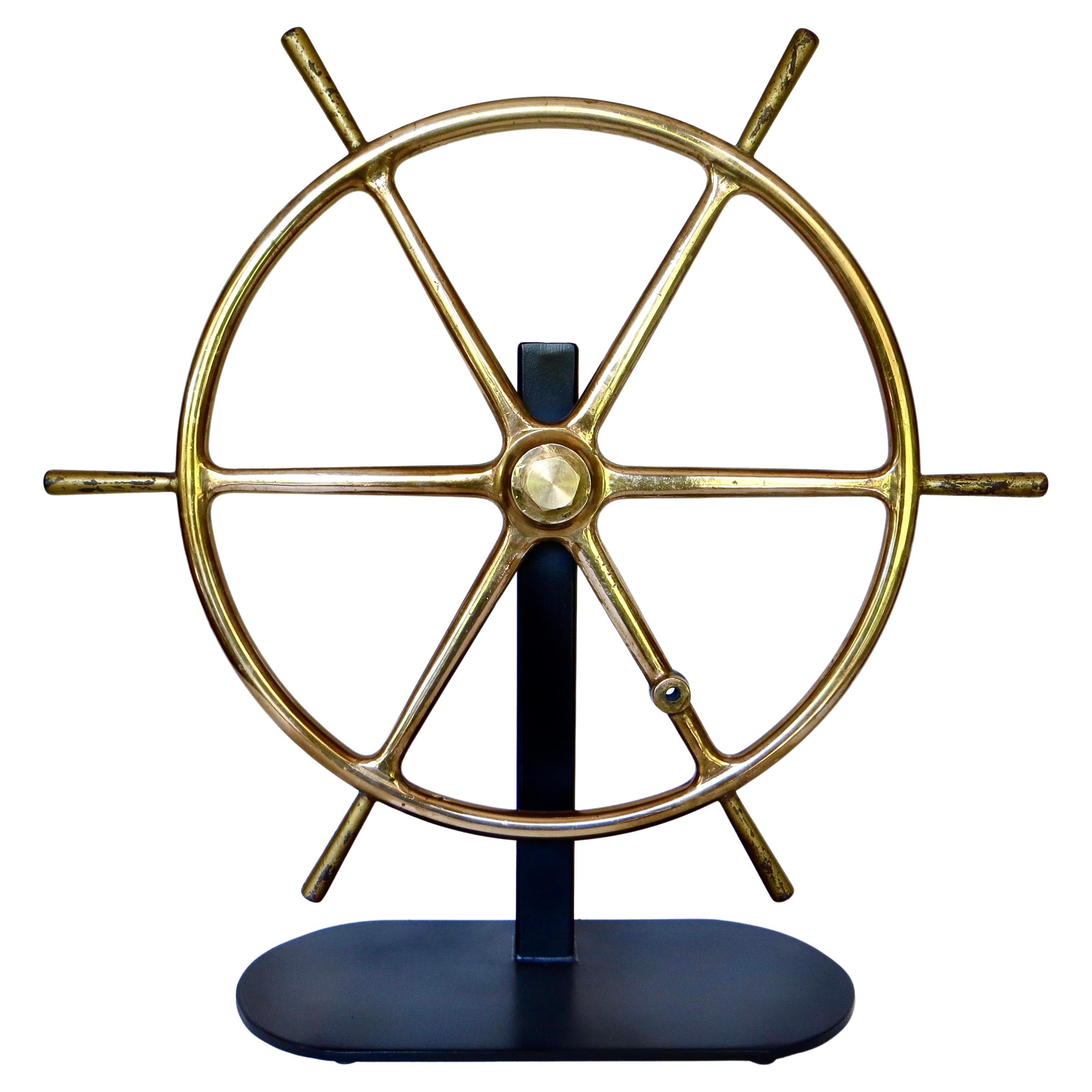 19thC Nautical Six Spoke Solid Brass Yacht Steering Wheel. American, Circa 1870