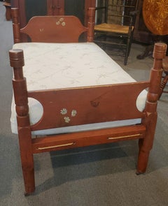 19th Century N.E. Original Painted Youth Bed with Crewel Work Duvet Cover