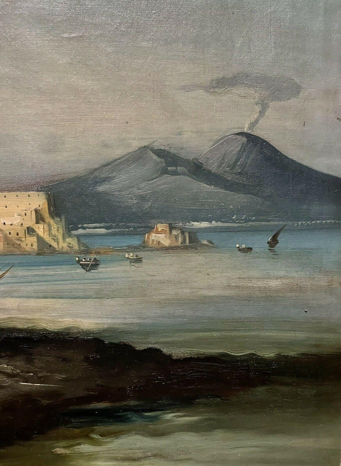 Mount Vesuvius Naples, 19th century Italian Oil Painting Signed & dated - Gray Landscape Painting by 19thC Neopolitan