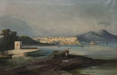 Antique Mount Vesuvius Naples, 19th century Italian Oil Painting Signed & dated