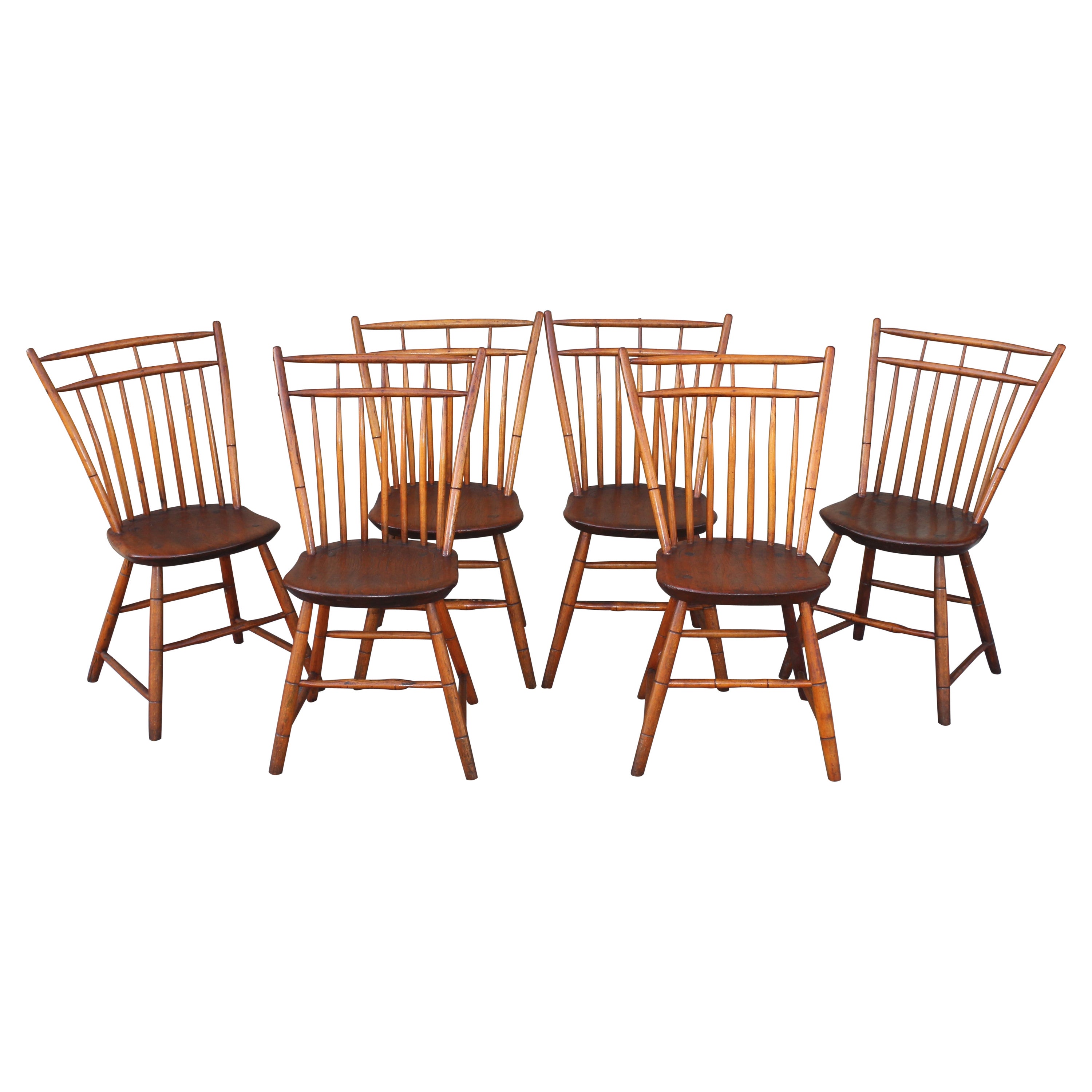 19Thc New England Birdcage Windsor Chairs-Set of Six
