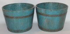 19th Century New England Blue Painted Buckets / Planters, Pair