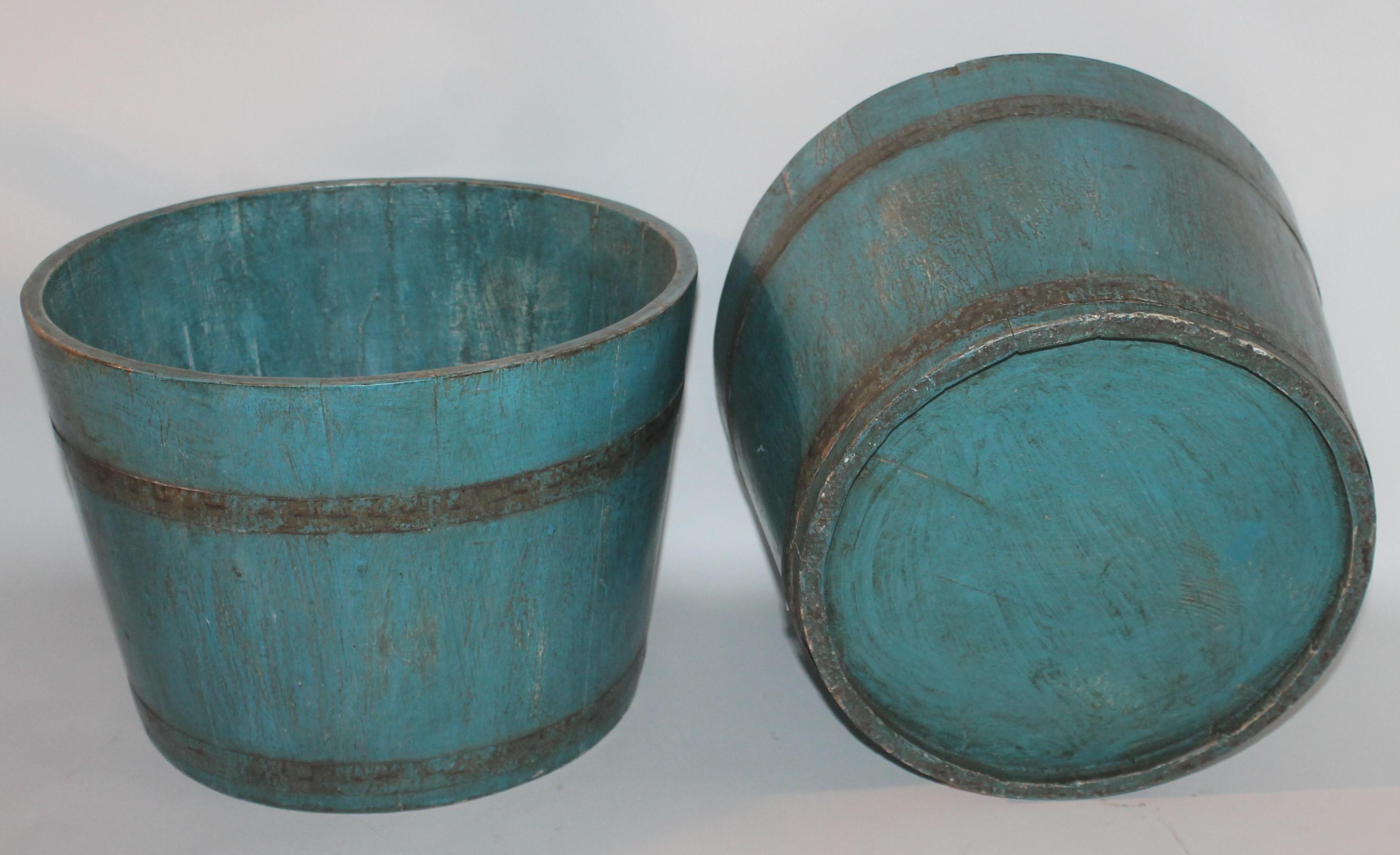 Adirondack 19th Century New England Blue Painted Buckets / Planters, Pair For Sale