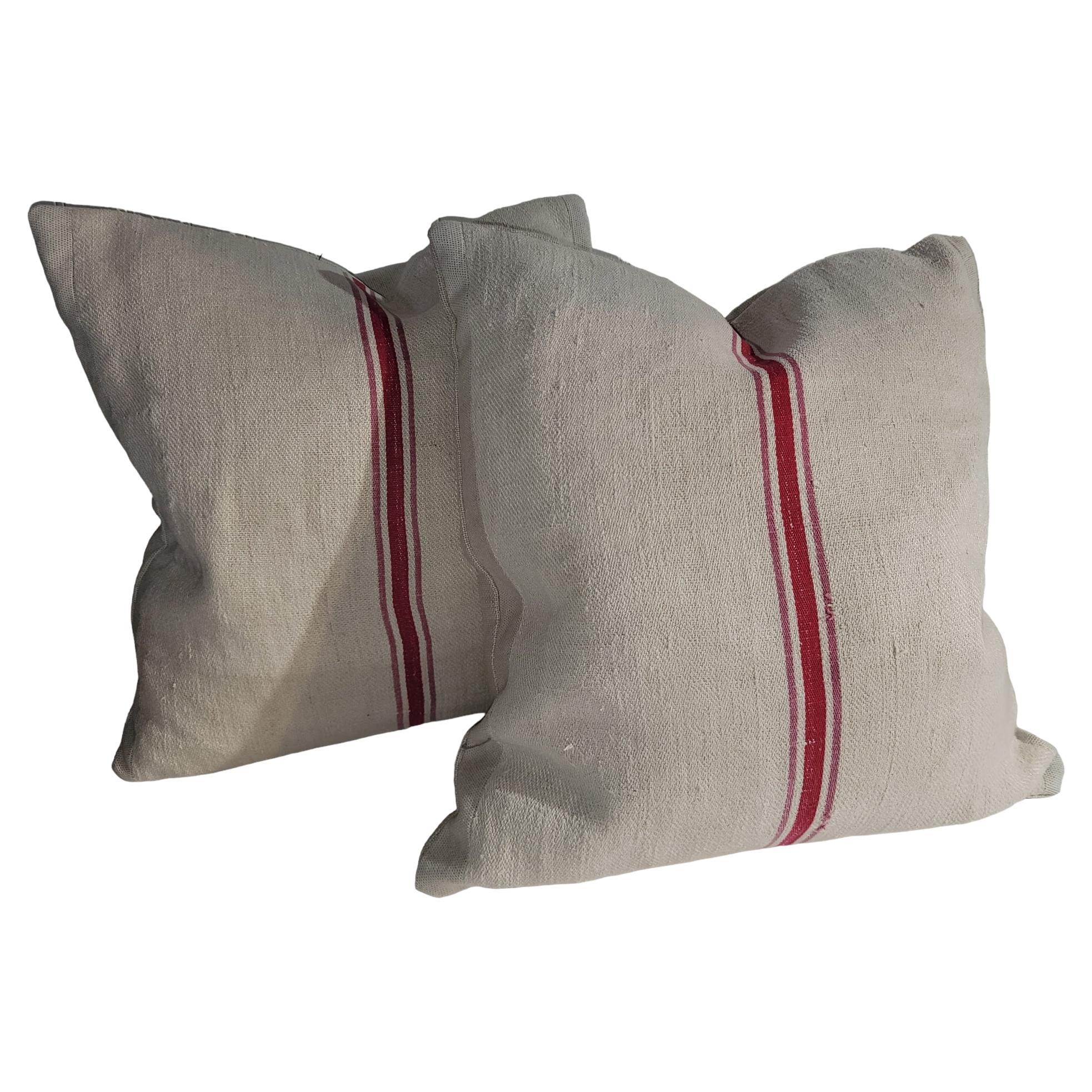 19thc New England Linen Pillows With red Stripe For Sale