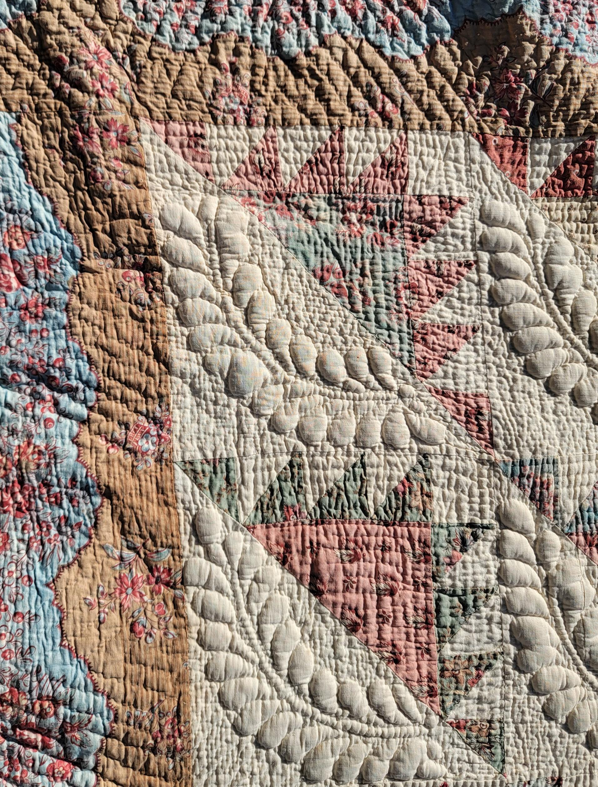 19thc New England Trapunto & Chintz Delectable Mountains Quilt 2