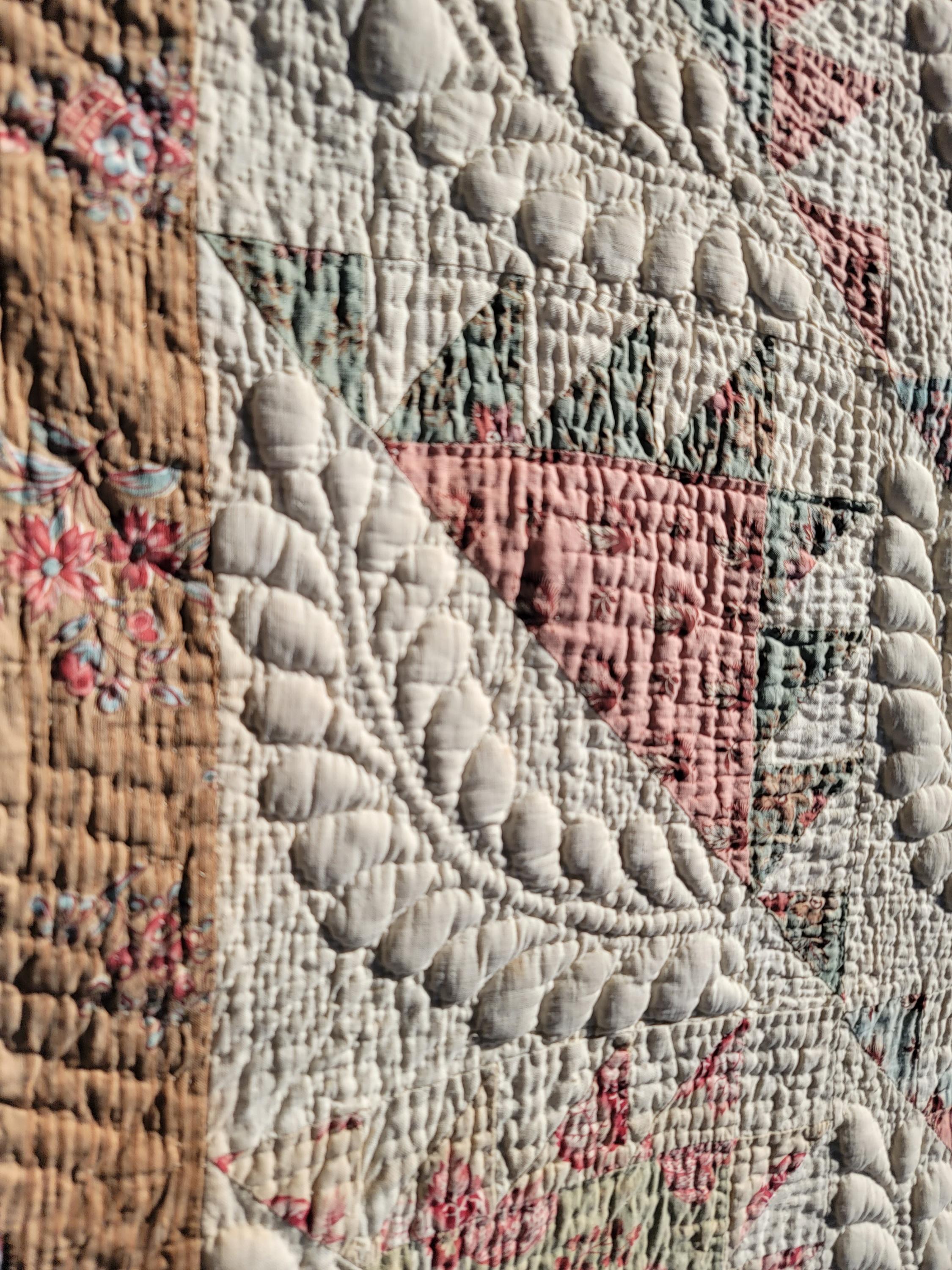 19thc New England Trapunto & Chintz Delectable Mountains Quilt 3