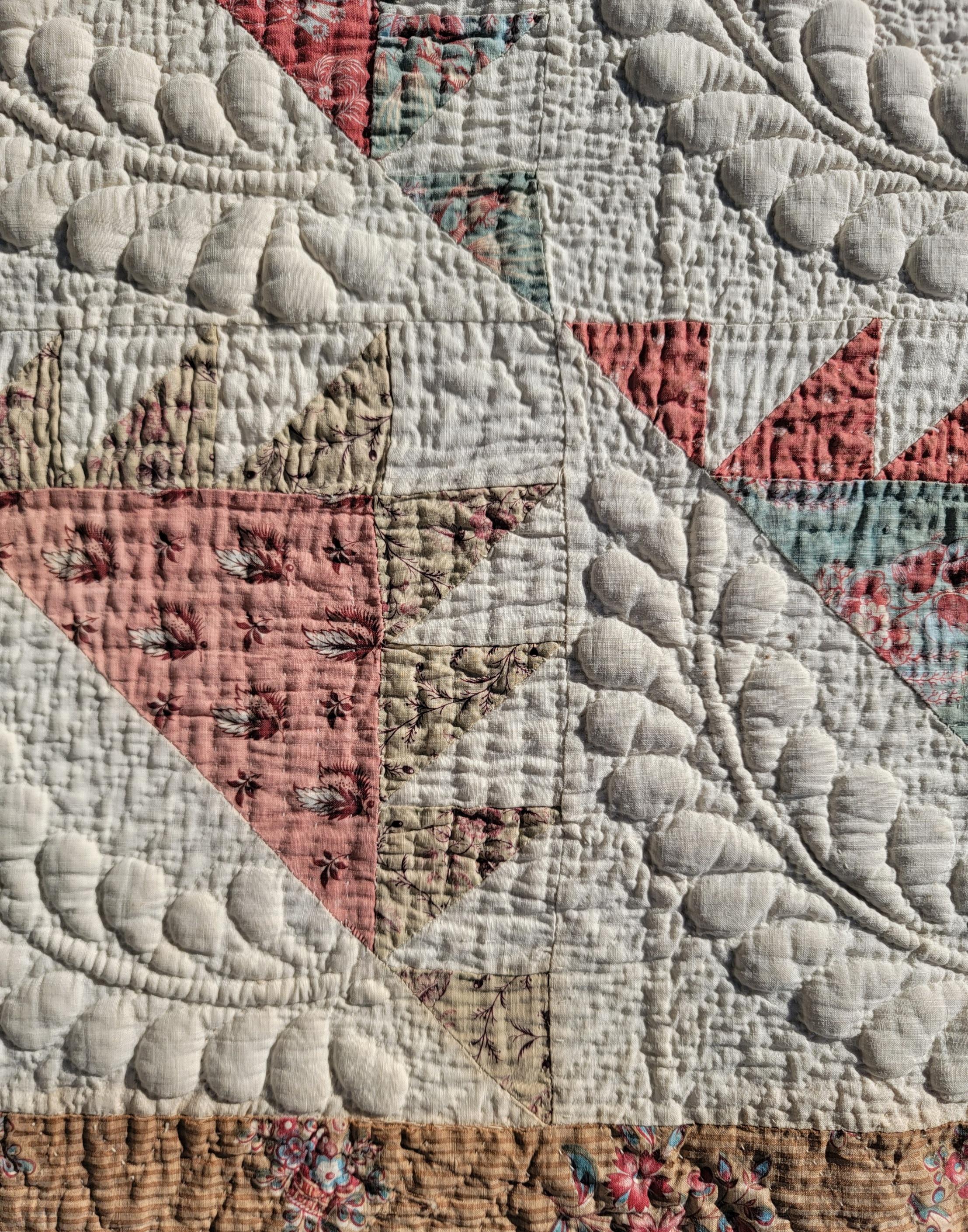 19thc New England Trapunto & Chintz Delectable Mountains Quilt 4