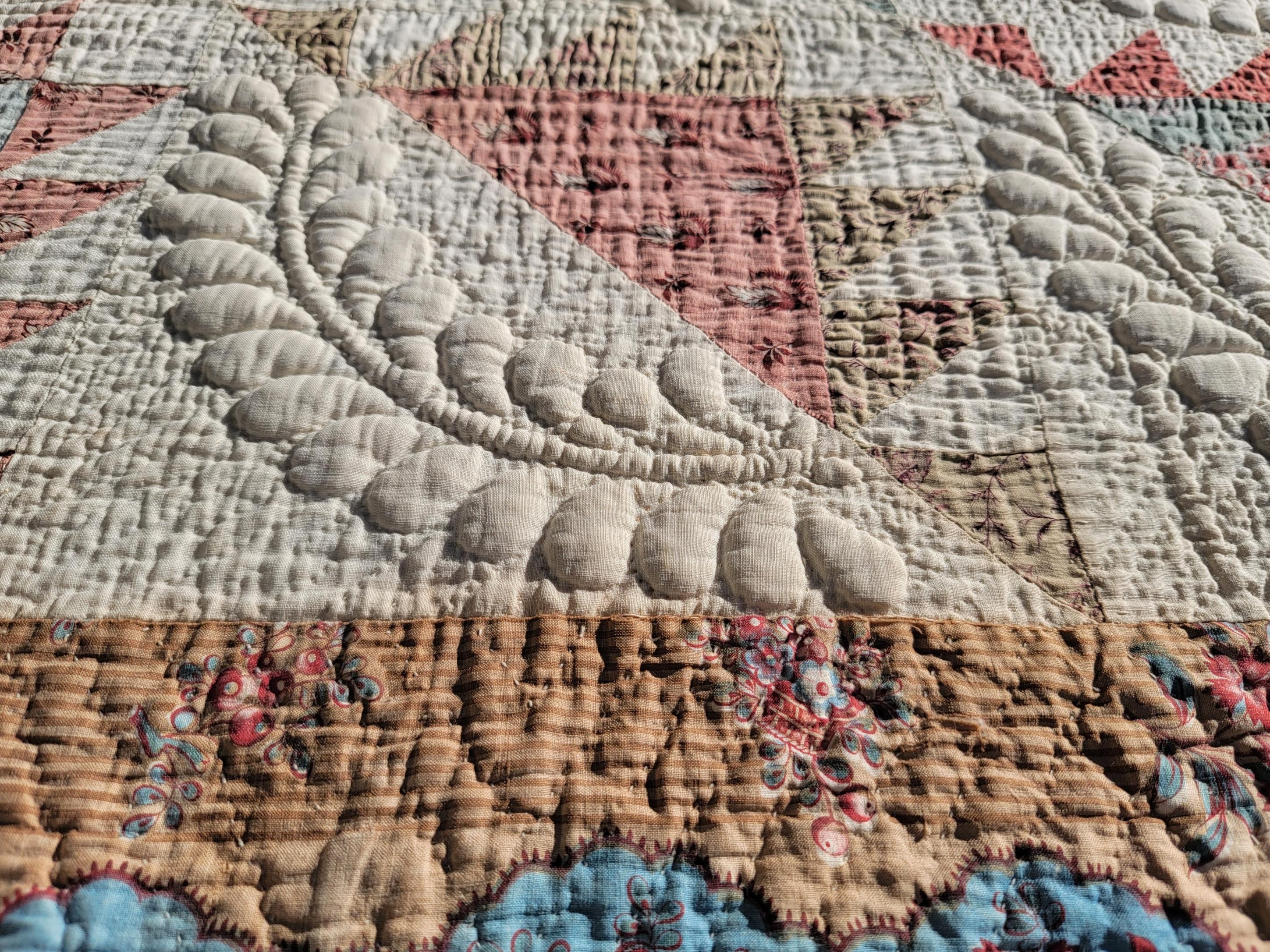 19thc New England Trapunto & Chintz Delectable Mountains Quilt 5