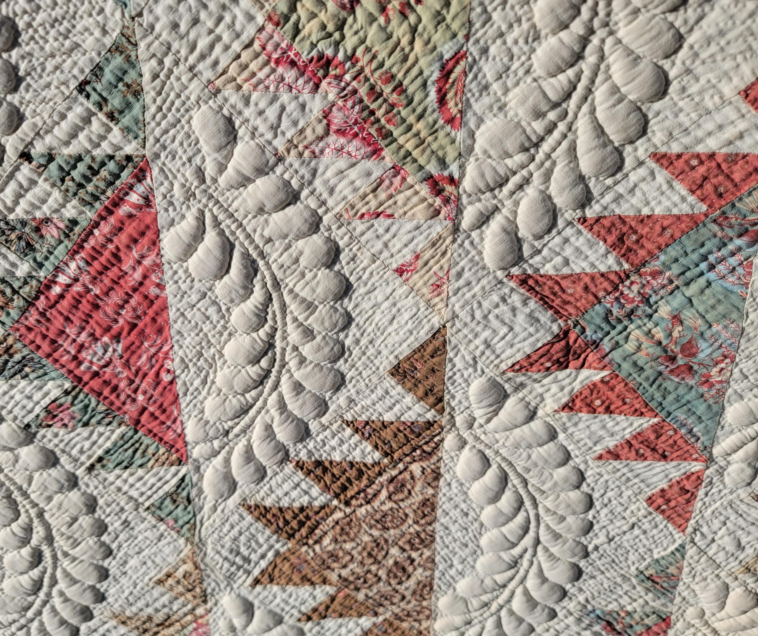 19thc New England Trapunto & Chintz Delectable Mountains Quilt 6