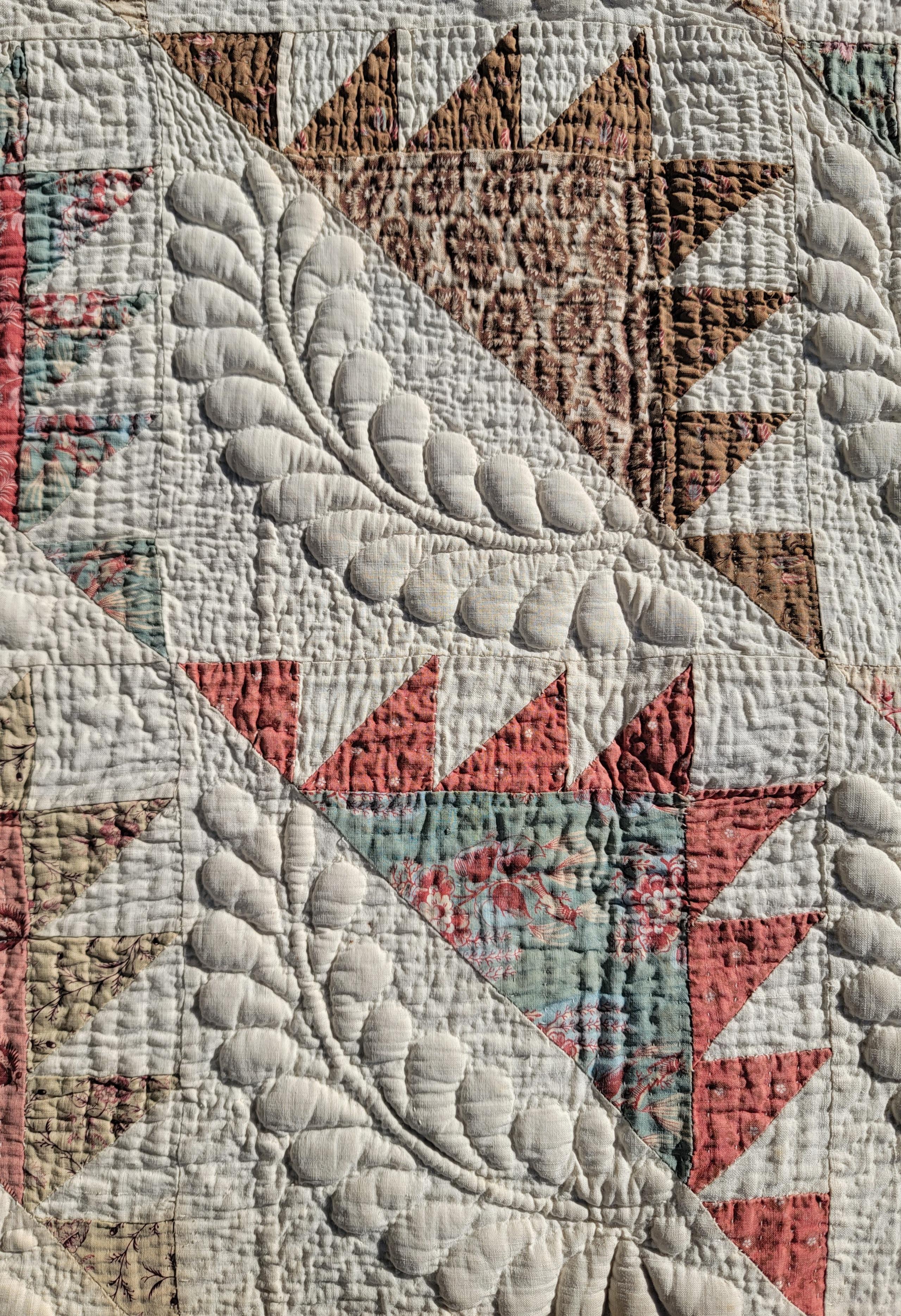Hand-Crafted 19thc New England Trapunto & Chintz Delectable Mountains Quilt