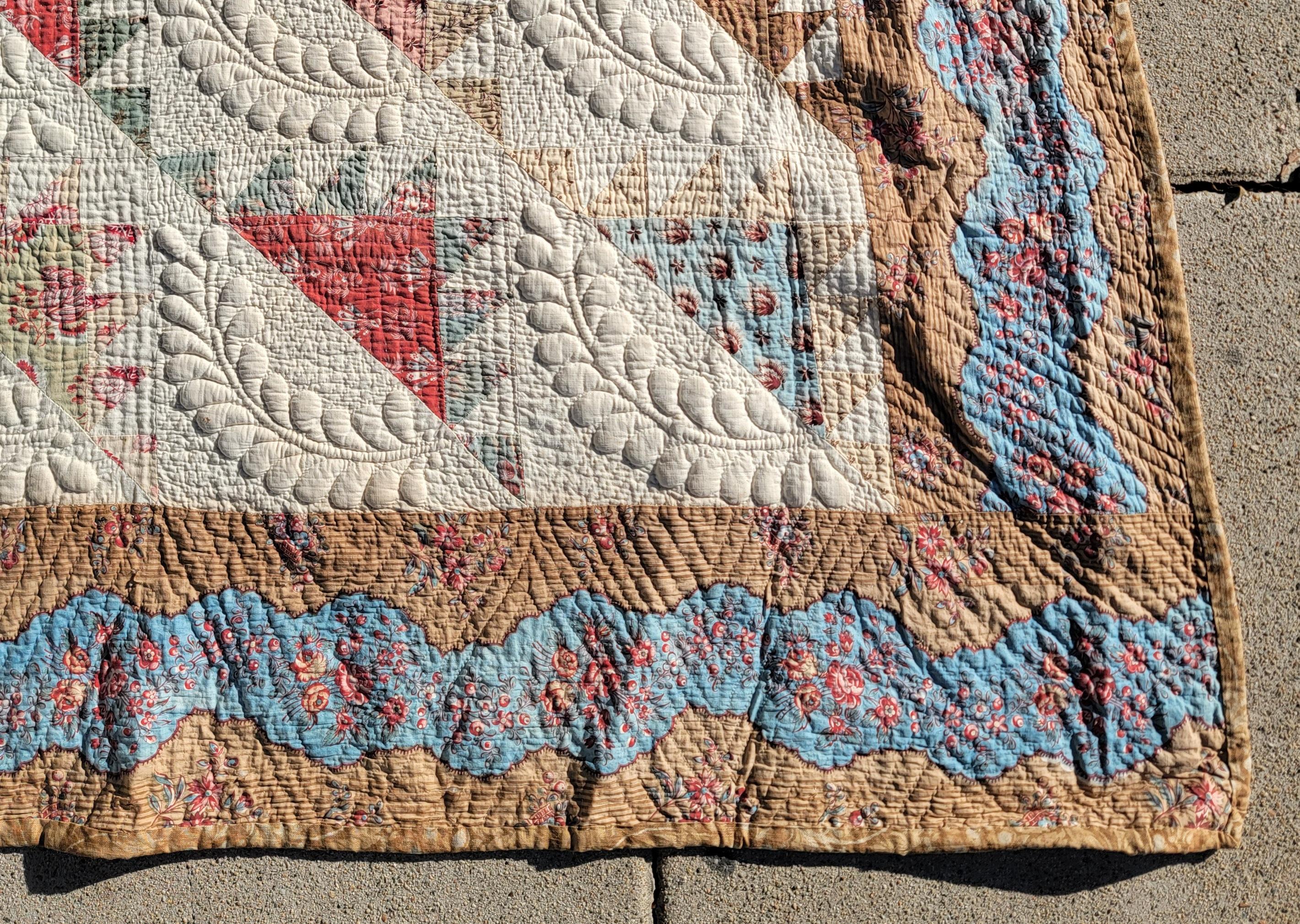 19th Century 19thc New England Trapunto & Chintz Delectable Mountains Quilt