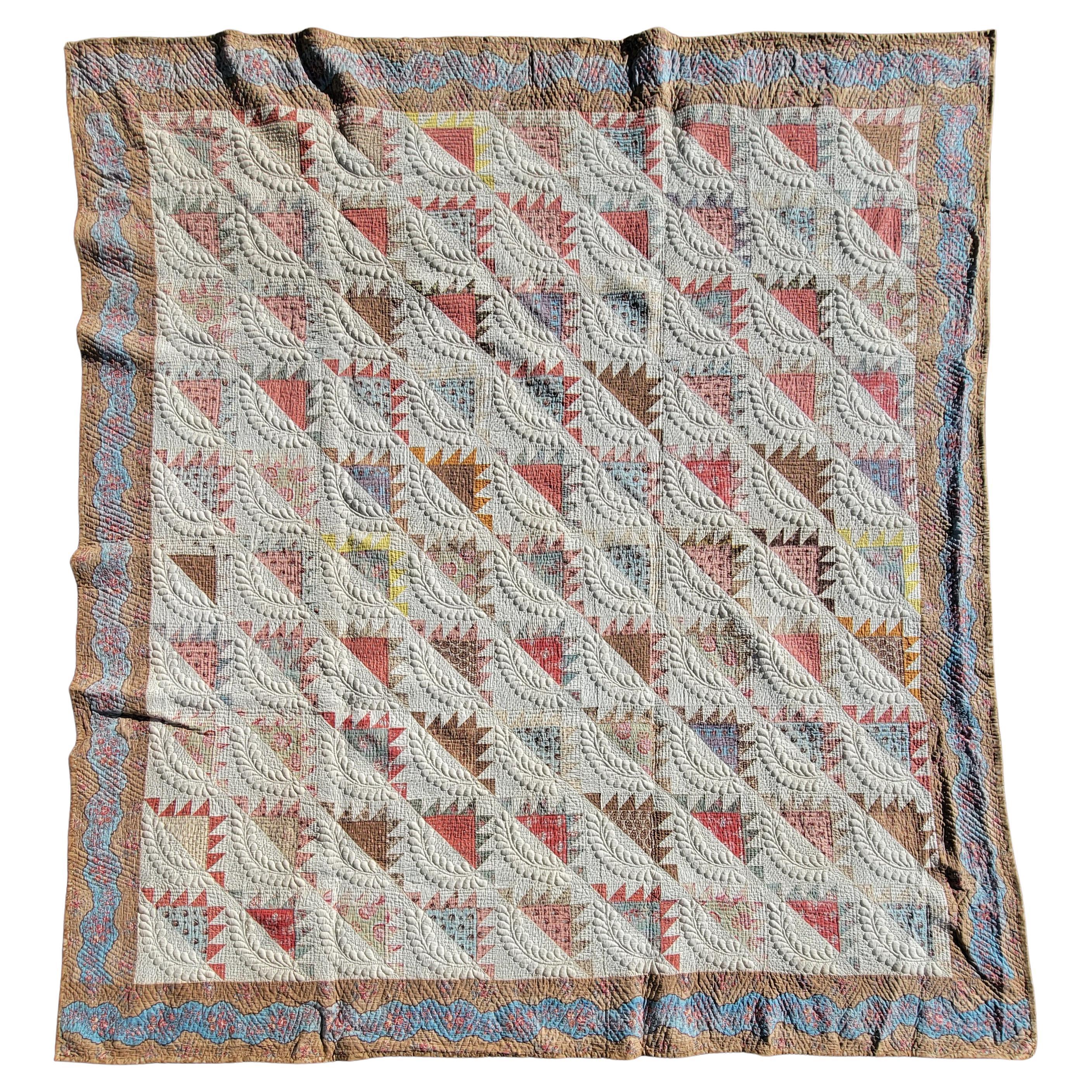 19thc New England Trapunto & Chintz Delectable Mountains Quilt