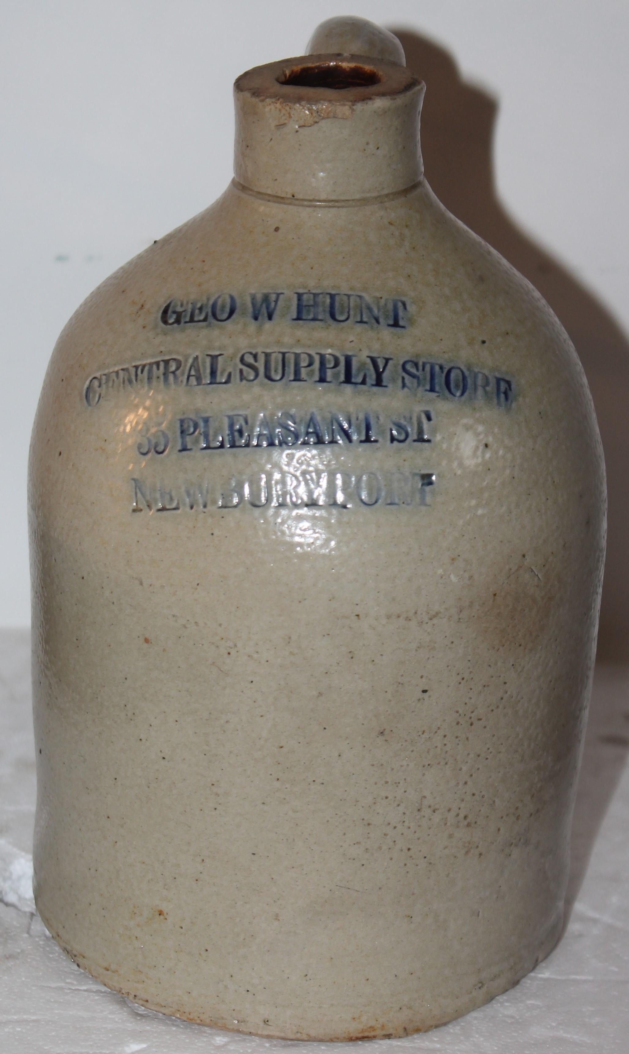 19thc stoneware jug from Newburry

jug reads -
Geo hunt 
Central supply store 
95 Pleasant St
Newbury Port.
