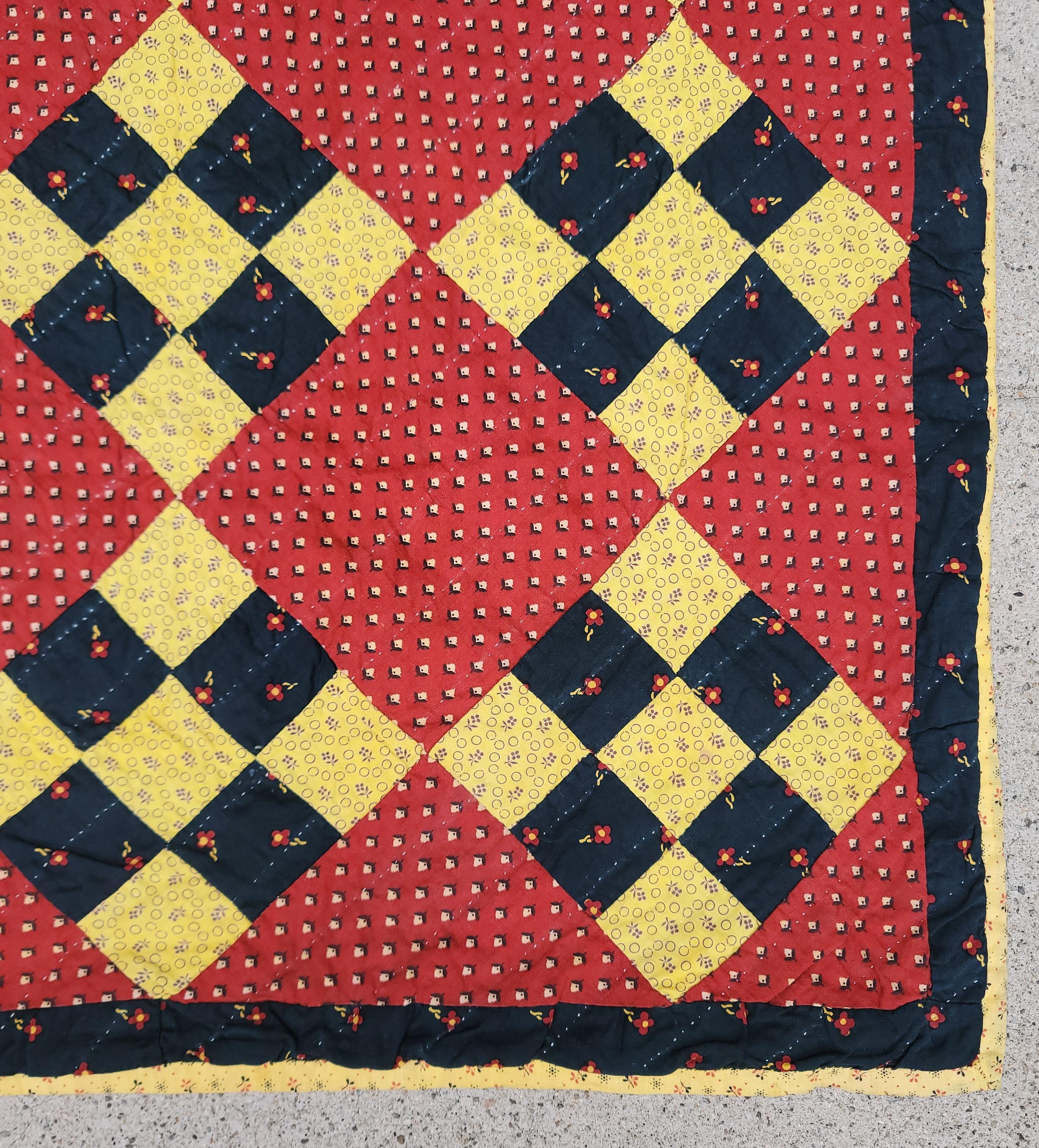 Hand-Crafted 19th C Nine Patch Chain Crib Quilt For Sale