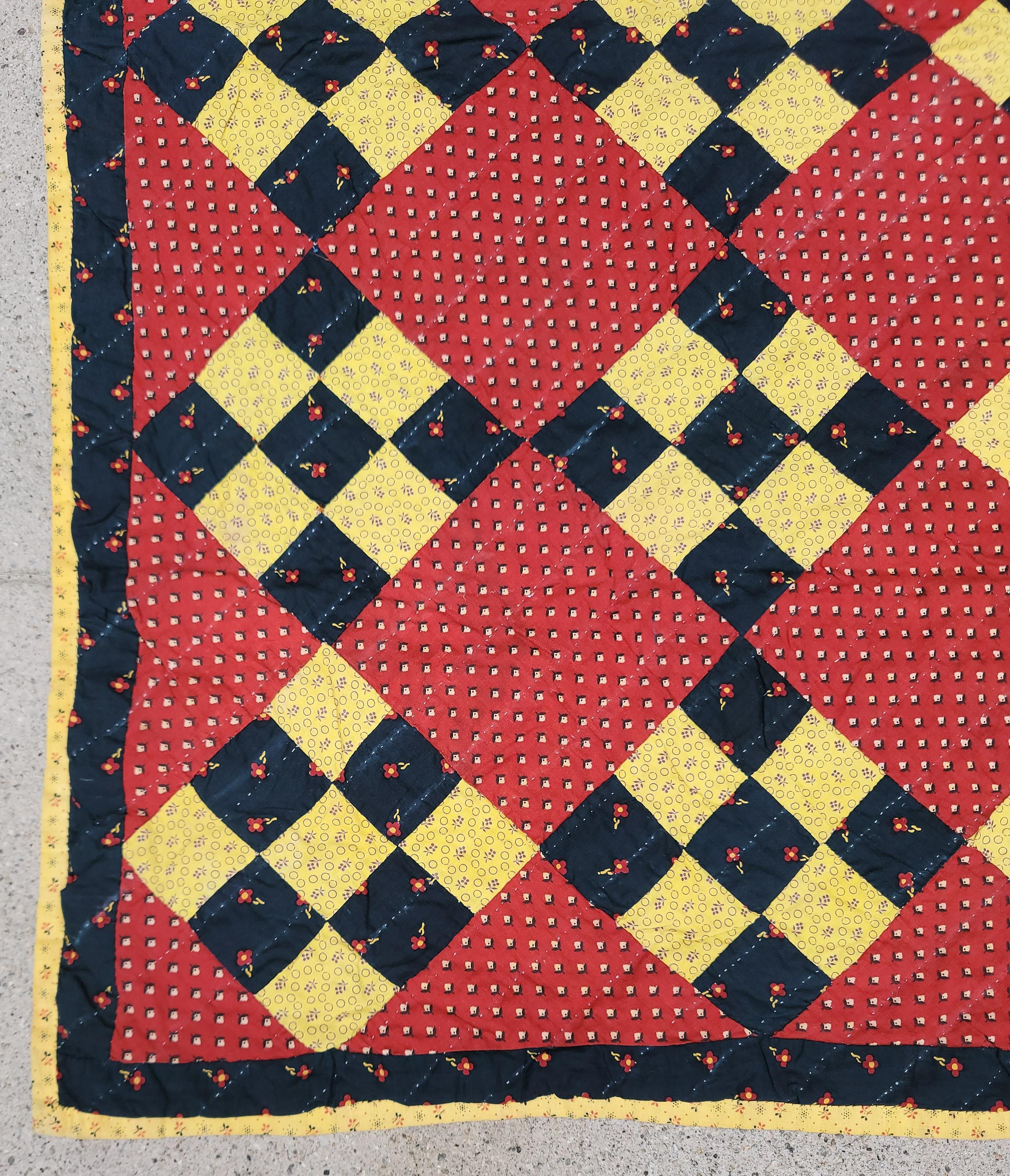 19th Century 19th C Nine Patch Chain Crib Quilt For Sale