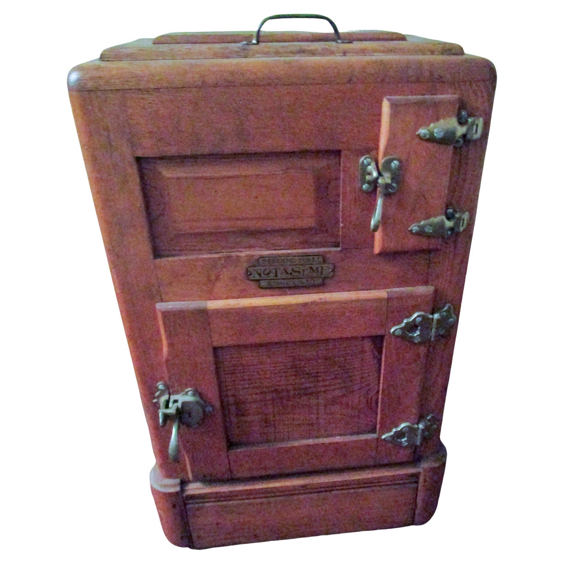 19thc Oak Icebox by Belding Hall with Brass Latches in Petite Size