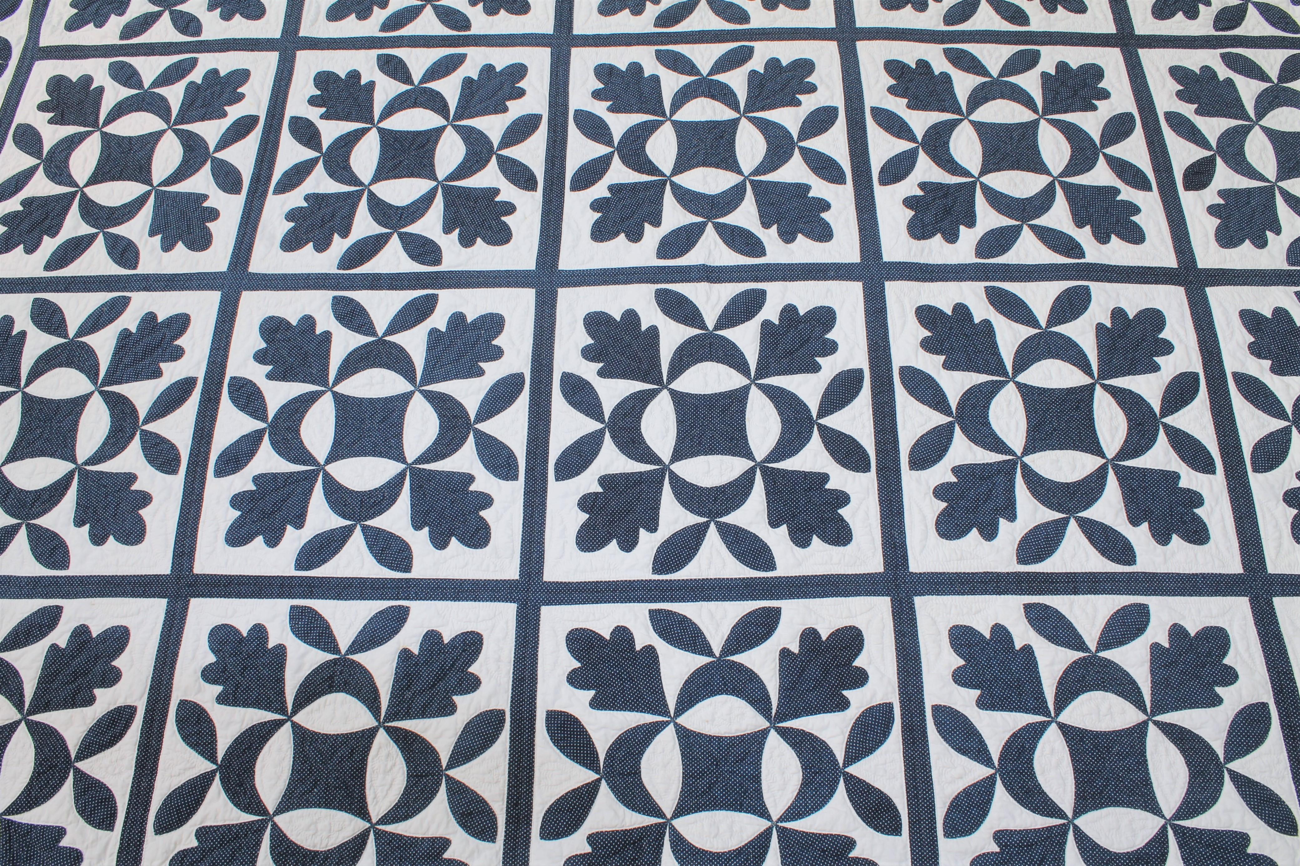 19thc Oak Leaf & Reel Dated 1848 Blue & White Quilt 2