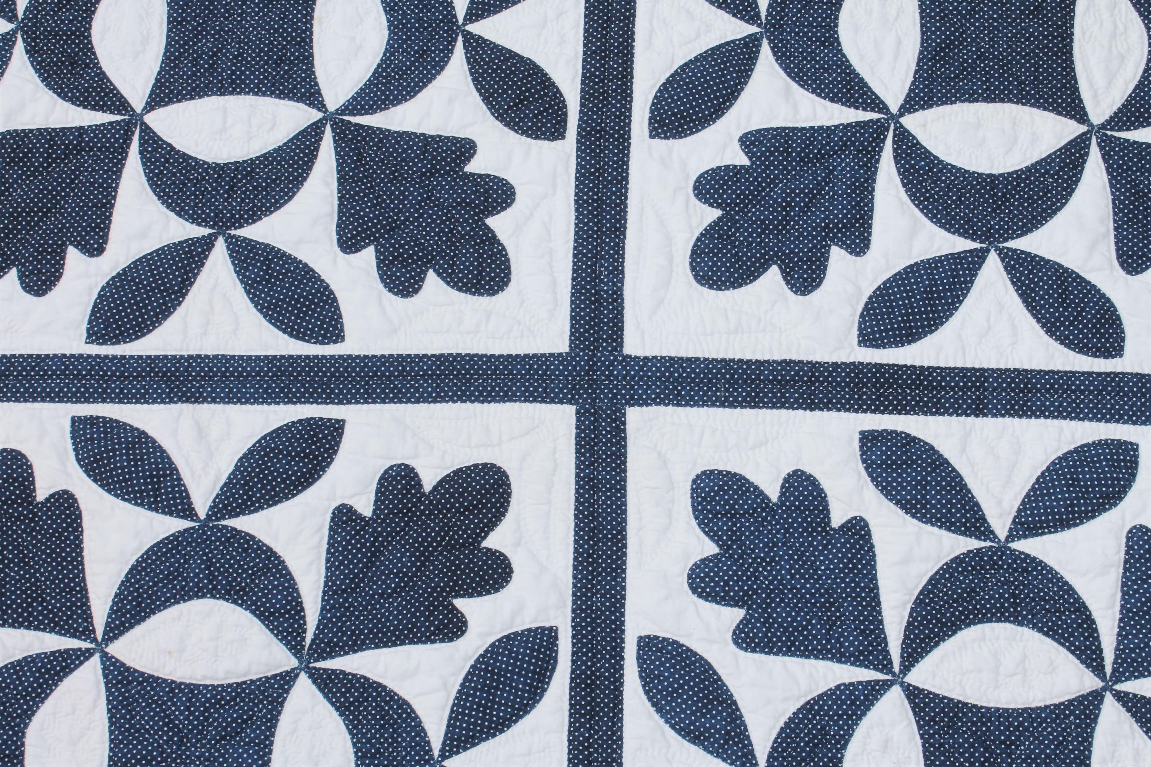 19thc Oak Leaf & Reel Dated 1848 Blue & White Quilt 3