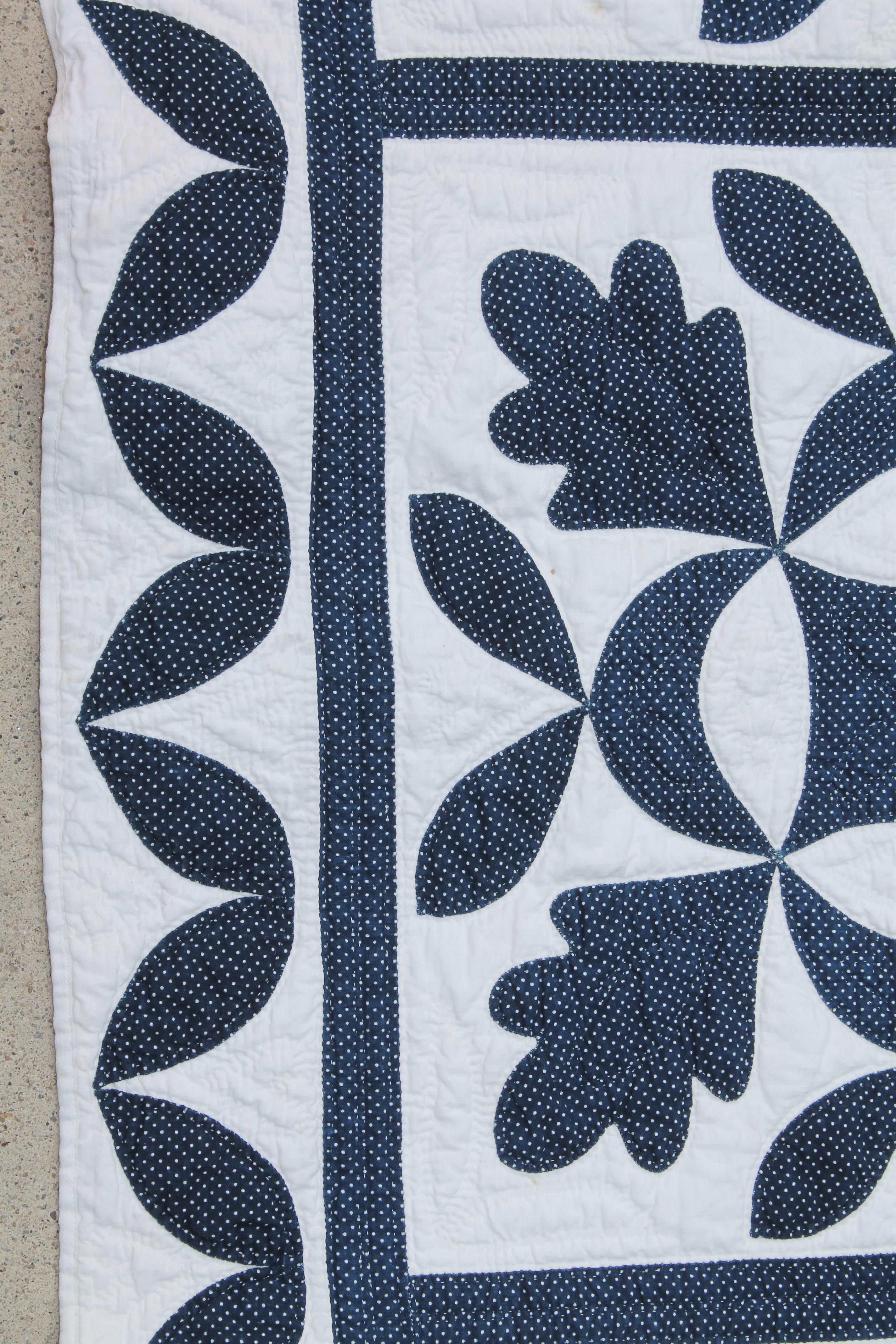 19thc Oak Leaf & Reel Dated 1848 Blue & White Quilt 4