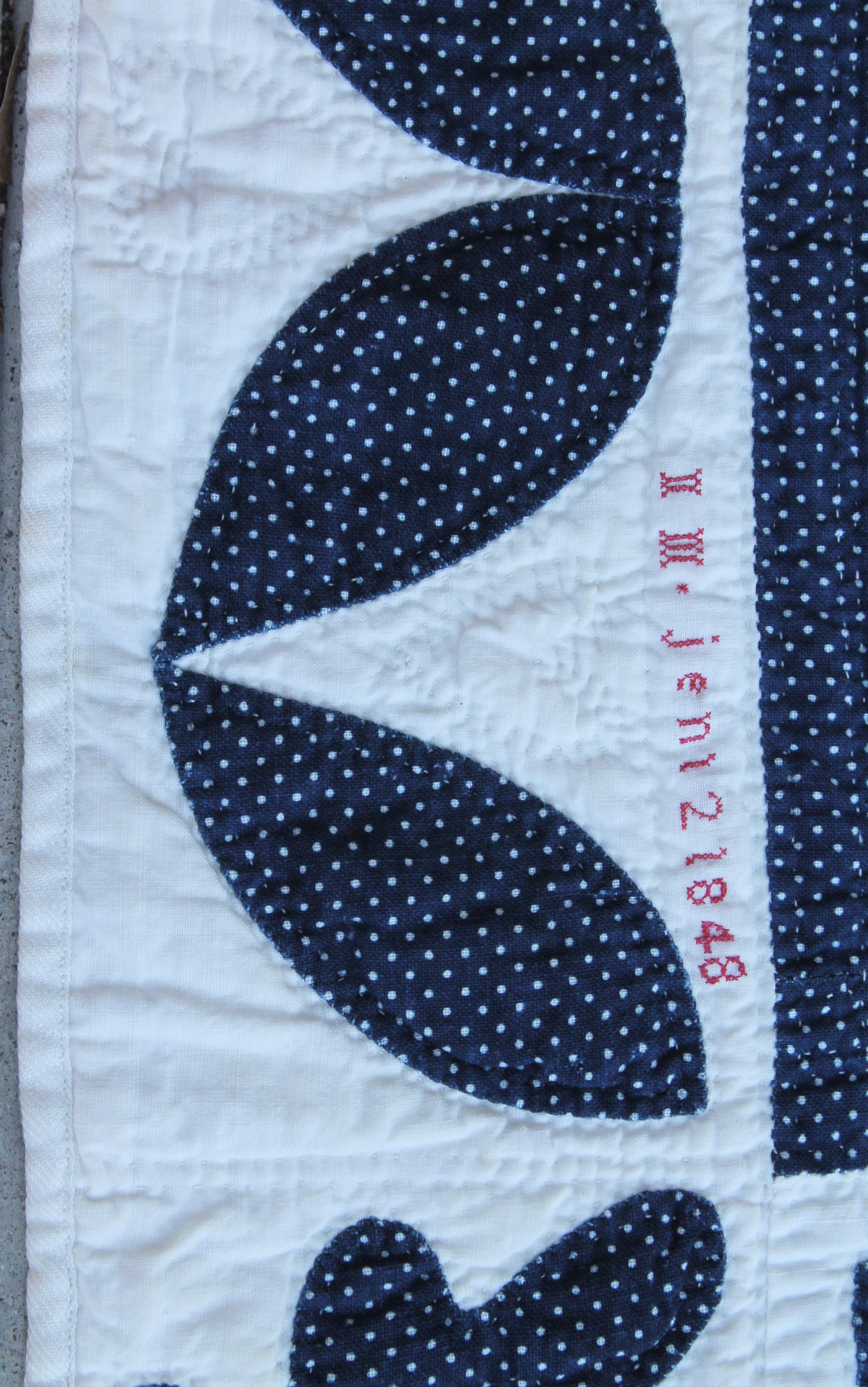 American 19thc Oak Leaf & Reel Dated 1848 Blue & White Quilt