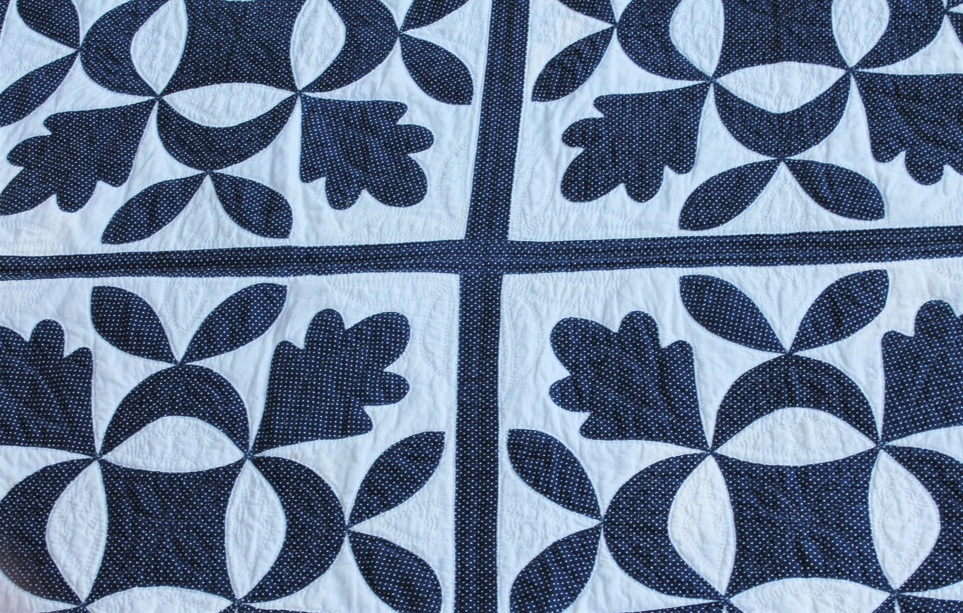 Hand-Crafted 19thc Oak Leaf & Reel Dated 1848 Blue & White Quilt