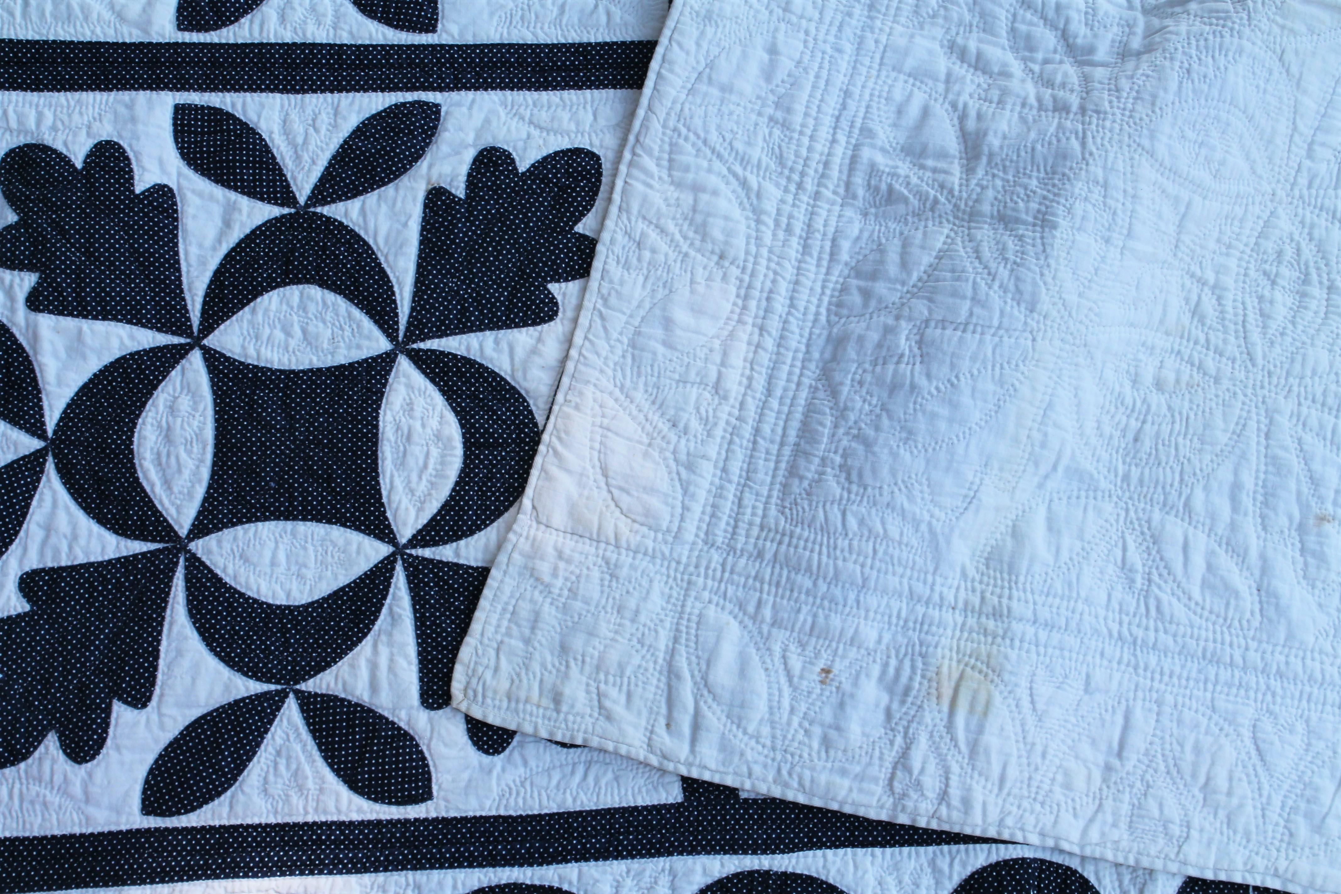 19thc Oak Leaf & Reel Dated 1848 Blue & White Quilt In Good Condition In Los Angeles, CA