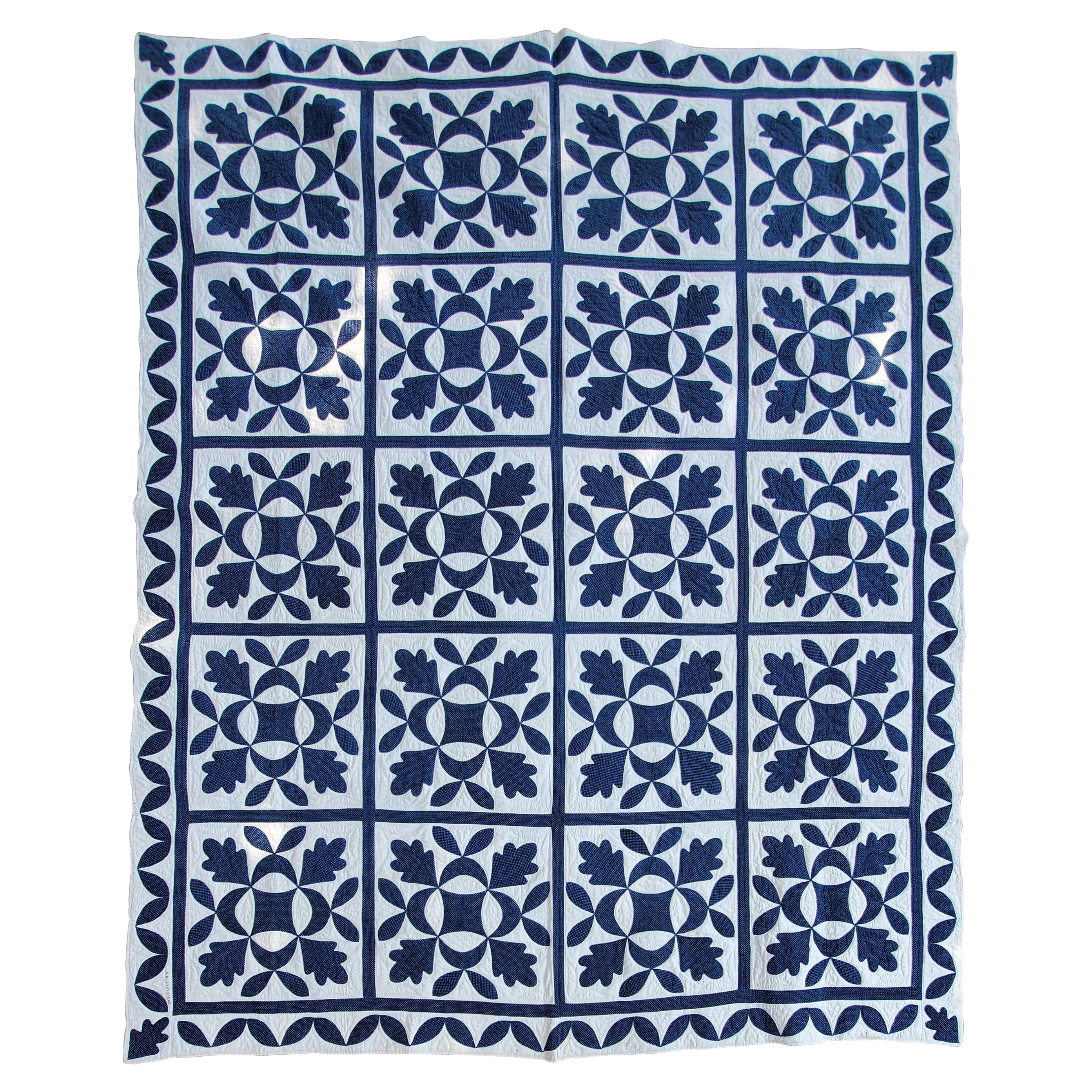 19thc Oak Leaf & Reel Dated 1848 Blue & White Quilt