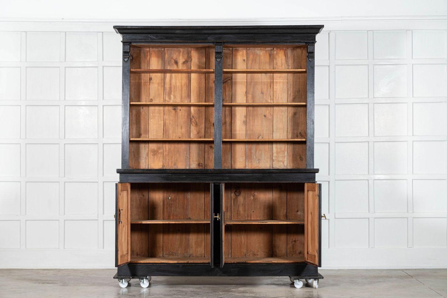 circa 1870
19thC Oak & Pine Ebonised Open Bookcase / Dresser
sku 1010
Together W190 x D46 x H227 cm
Base W180 x D46 x H96 cm
Base internal shelf depth 37 cm
Top W190 x D37 x H131 cm
Top internal shelf depth 23.5 cm
Weight 93 kg