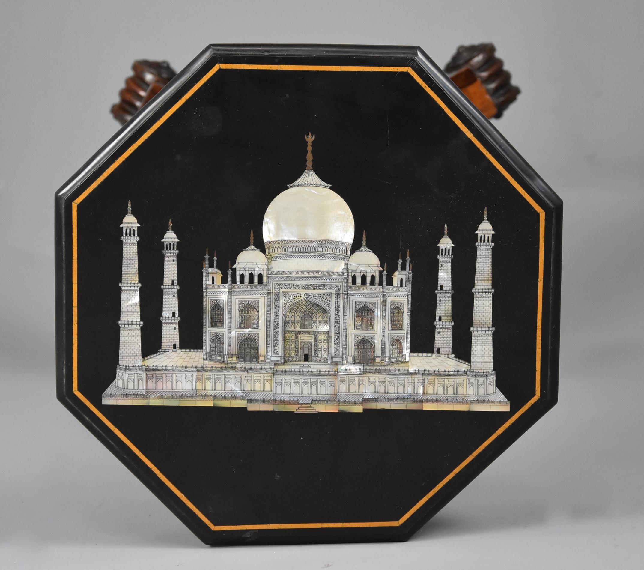 English Occasional Table with Octagonal Polished Slate Top with Inlaid Taj Mahal For Sale