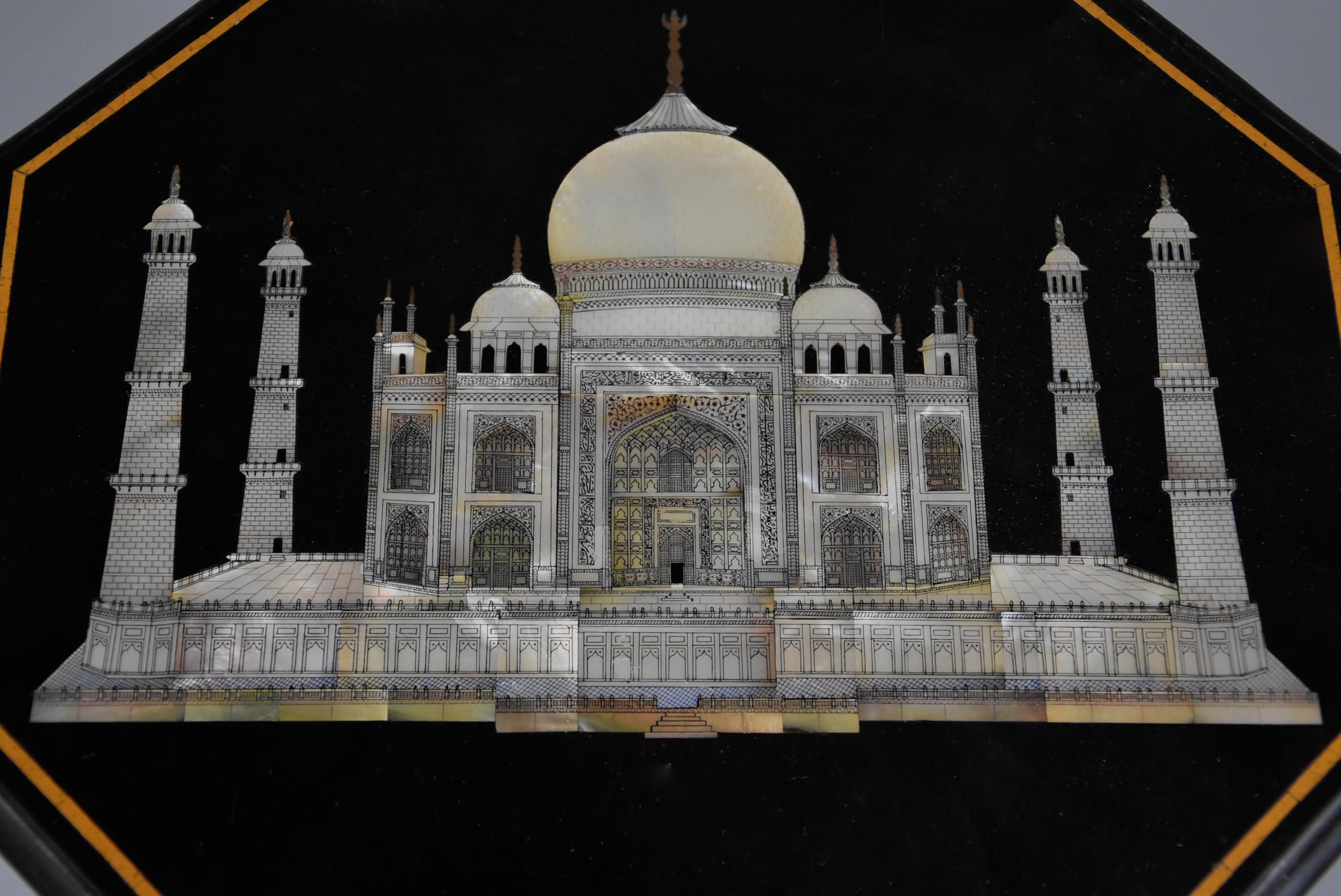 19th Century Occasional Table with Octagonal Polished Slate Top with Inlaid Taj Mahal For Sale