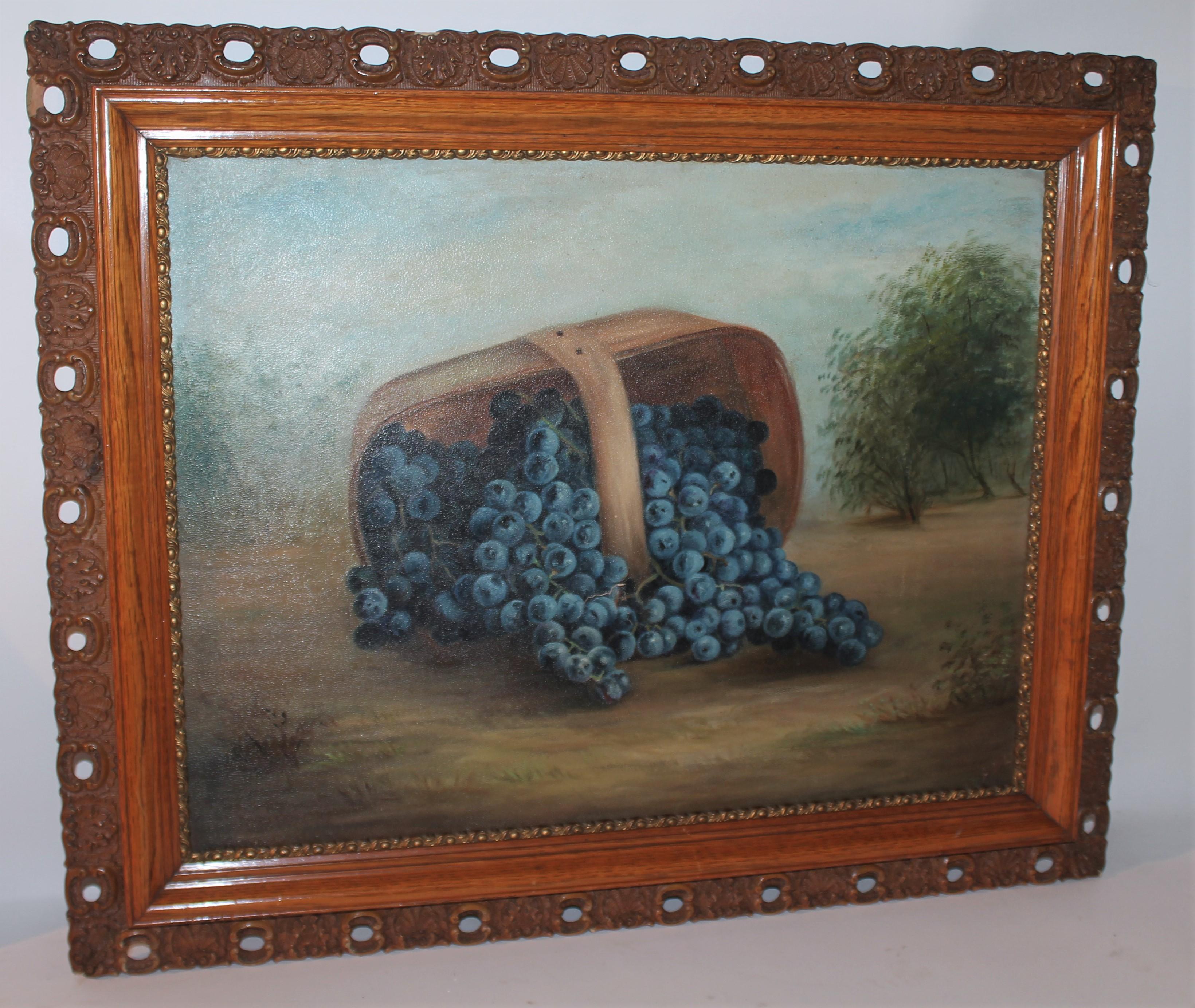 Hand-Painted 19thc Oil Painting Basket of Grapes Original Frame For Sale