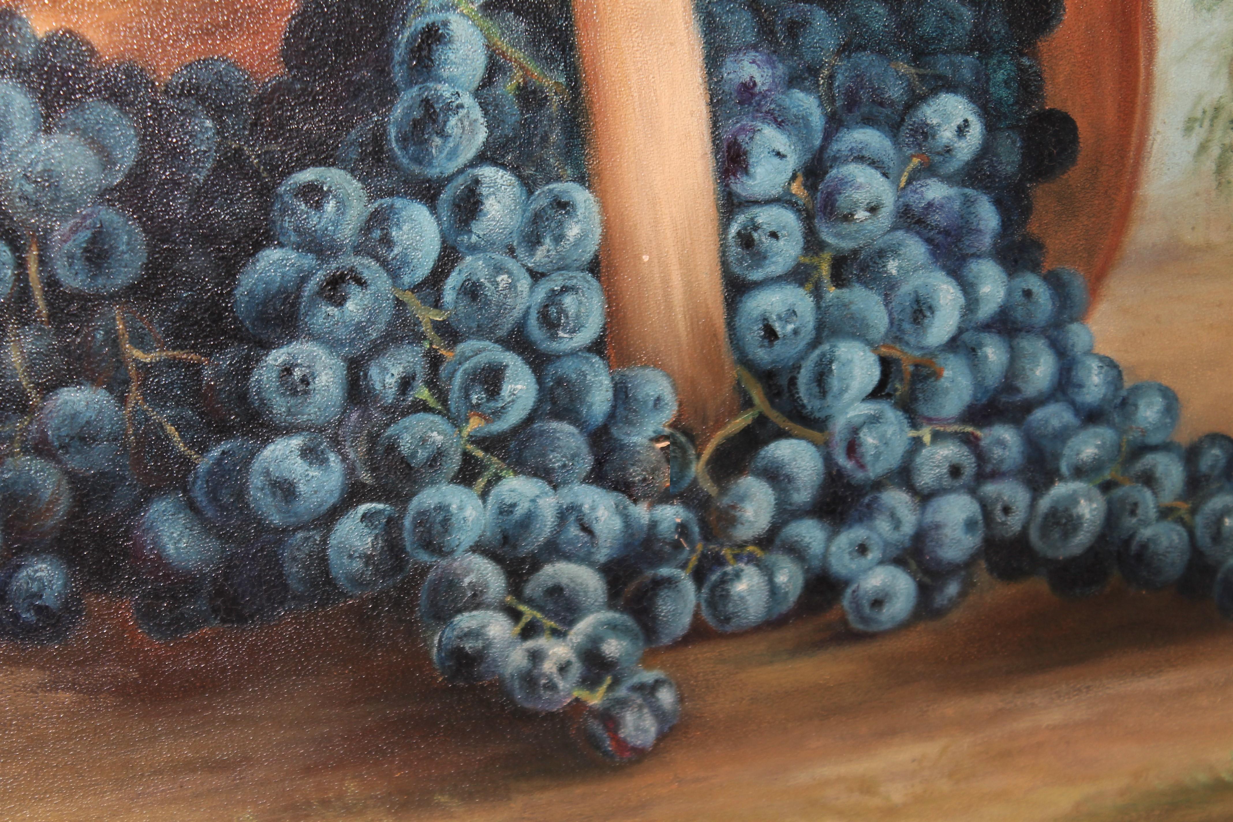 19thc Oil Painting Basket of Grapes Original Frame In Good Condition In Los Angeles, CA