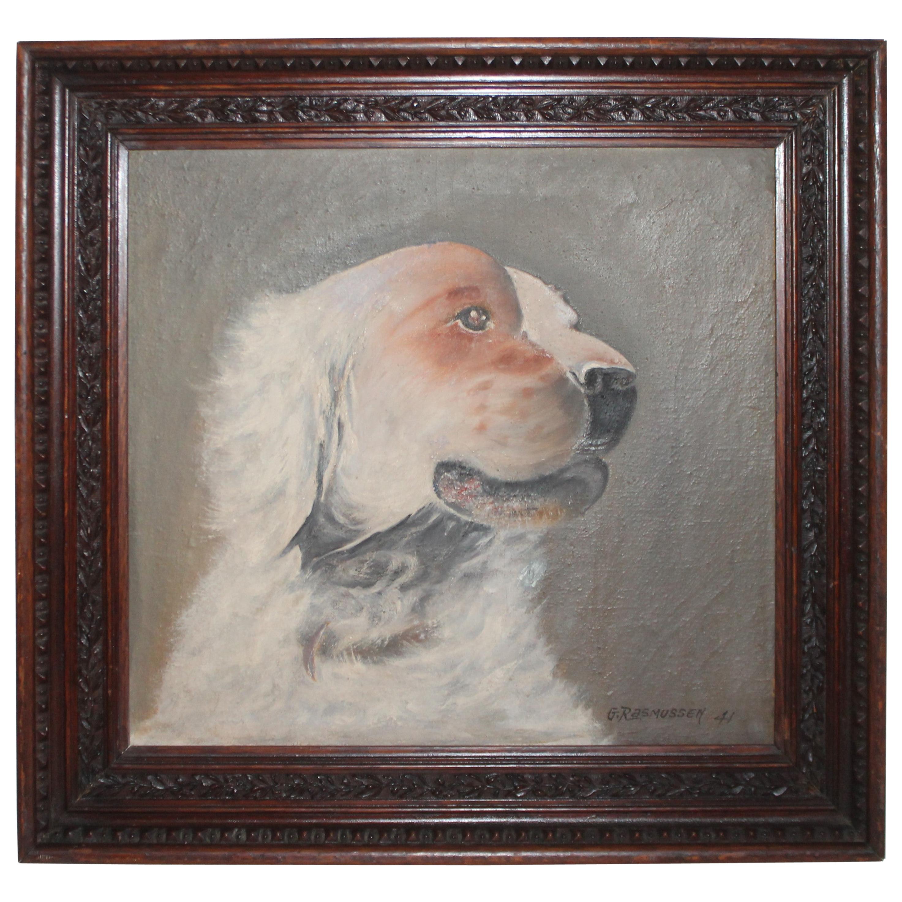 peinture à l'huile du 19ème siècle représentant un chien dans un cadre en noyer sculpté à la main:: datée de 1841 en vente