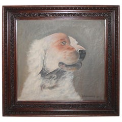 19th Century Oil Painting of a Dog in a Walnut Hand Carved Frame, Dated 1841