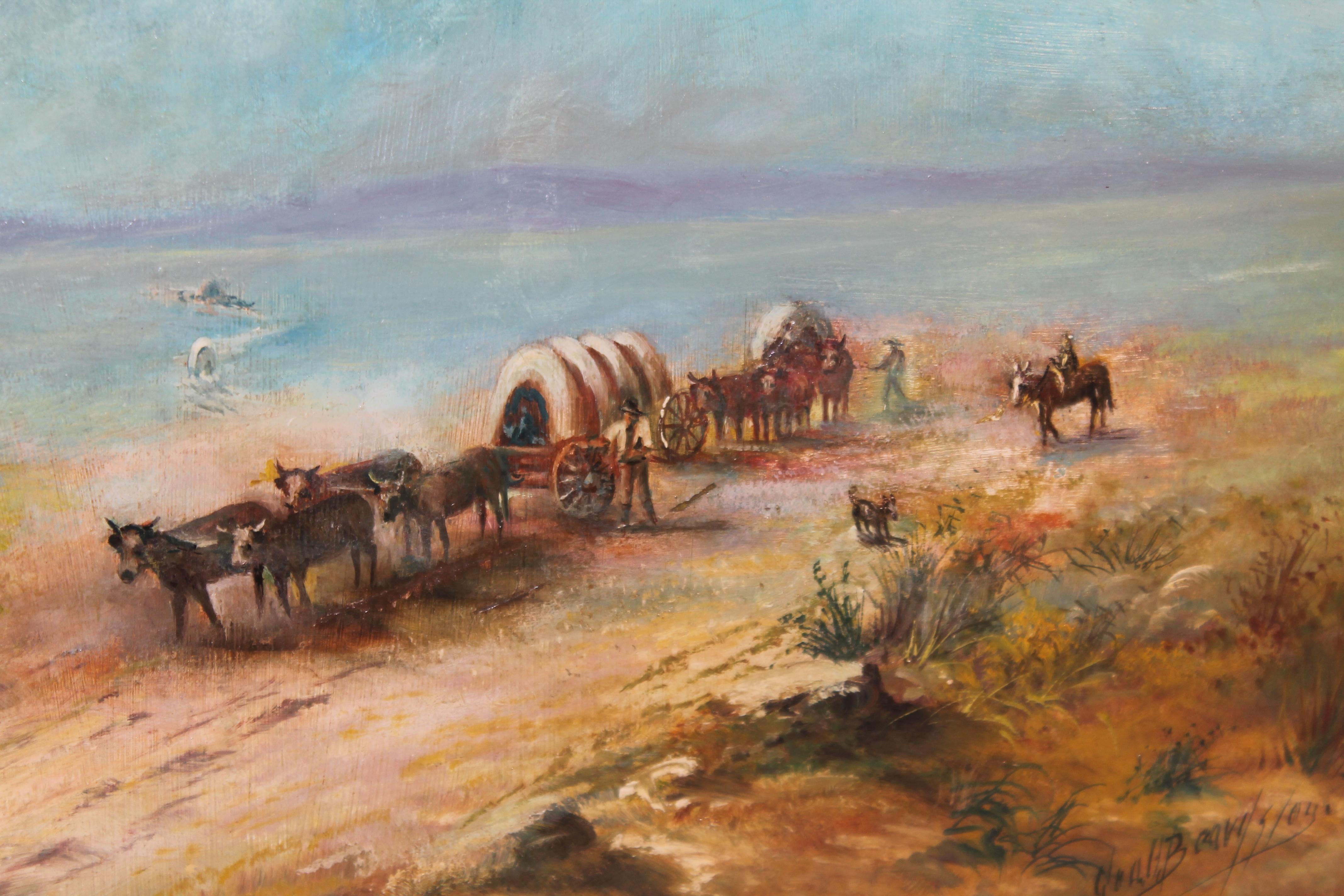 19thc Oil Painting on Board of Wagons on the Dusty Trail For Sale 5