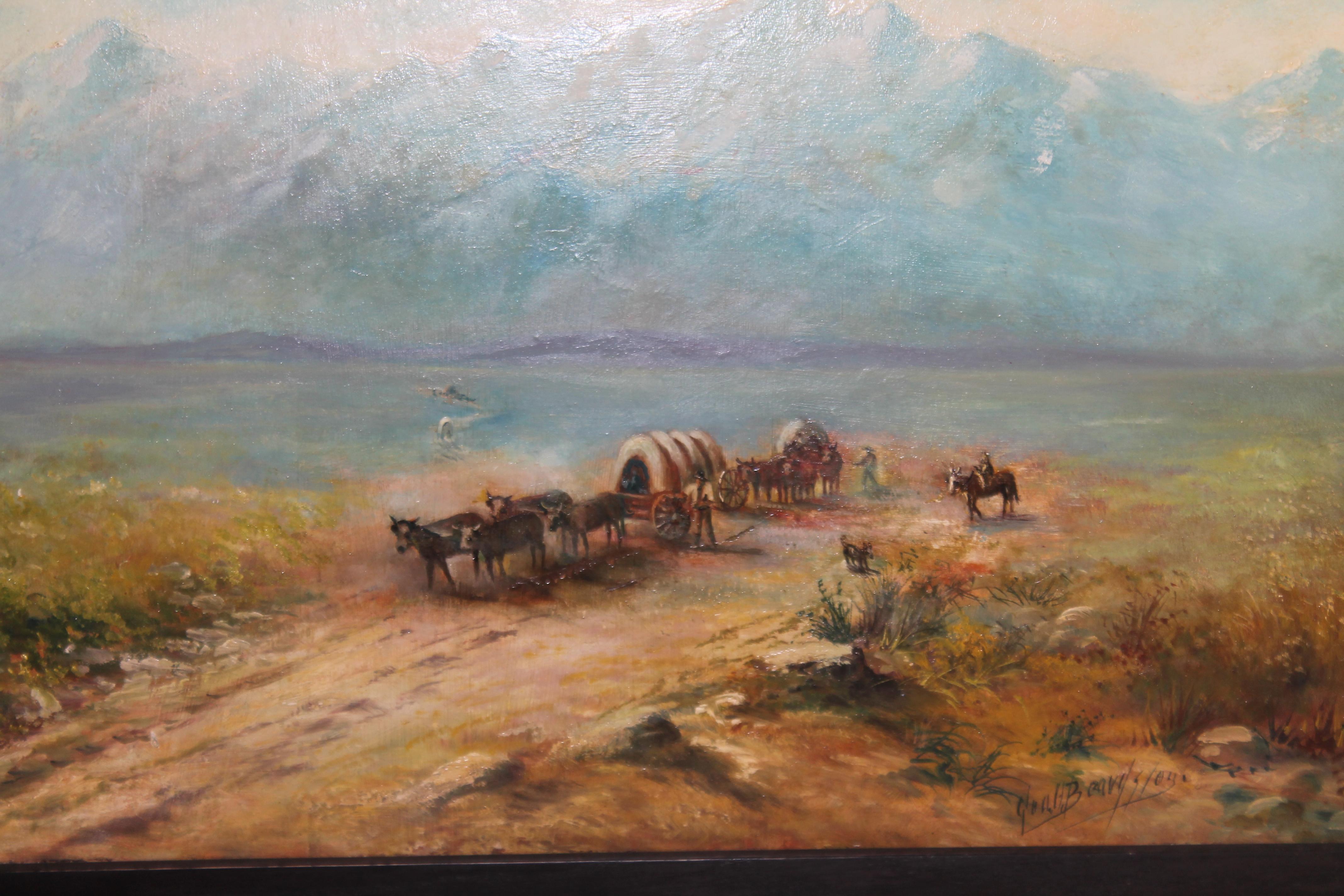 19thc Oil Painting on Board of Wagons on the Dusty Trail In Good Condition For Sale In Los Angeles, CA