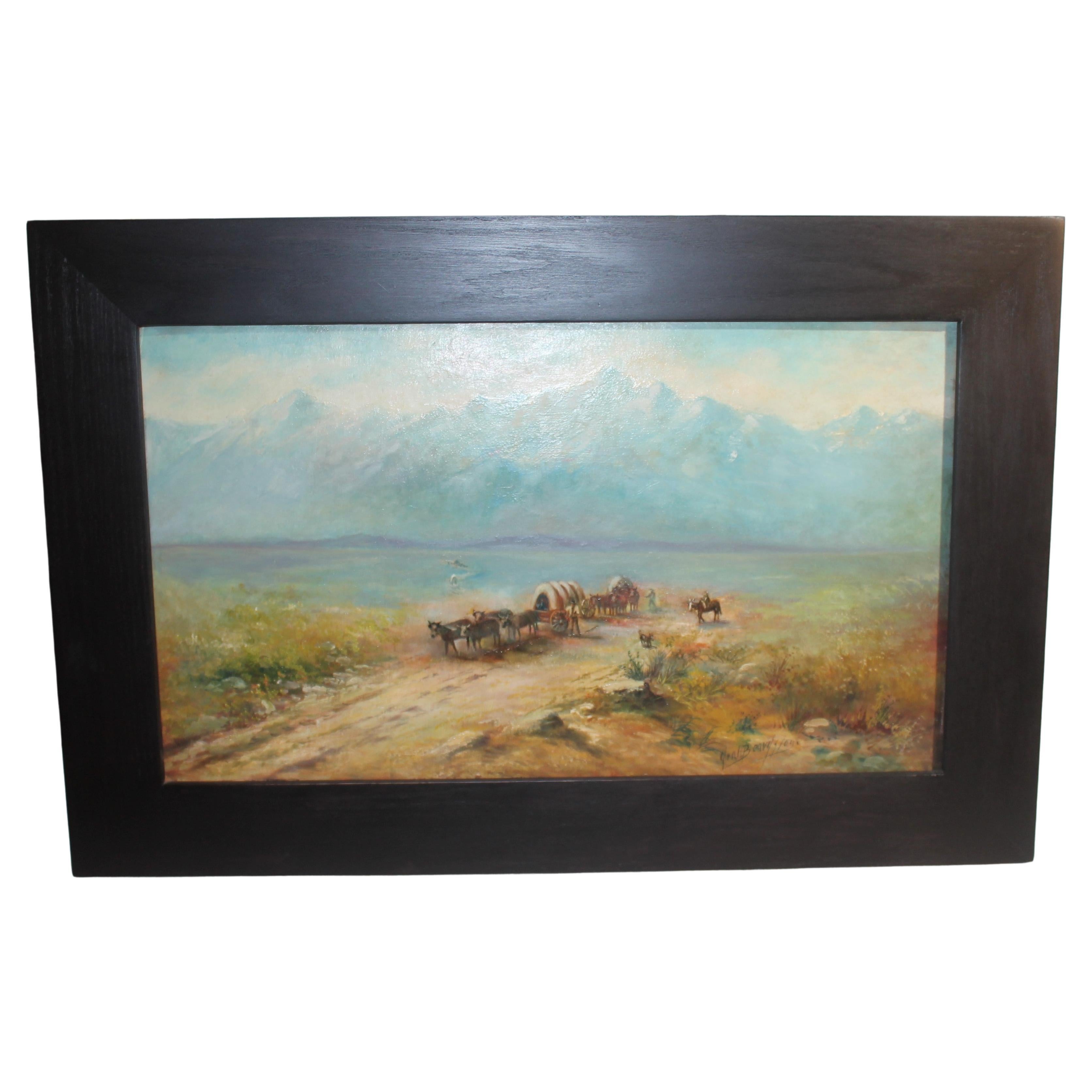 19thc oil painting on Board Wagon Train on Dusty Trail. Great Scenery of the difficulties of a life left in the past when manual labor and travel was based on the simplicity's of human technology. The artist name is illegible.