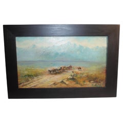 19thc Oil Painting on Board of Wagons on the Dusty Trail